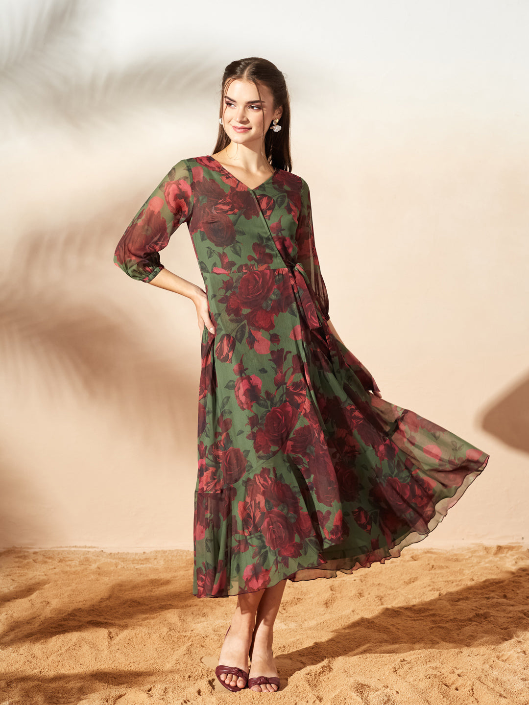 Women’s Olive & Wine Floral V-Neck 3/4 Sleeve Wrap Midi Chiffon Dress for Women