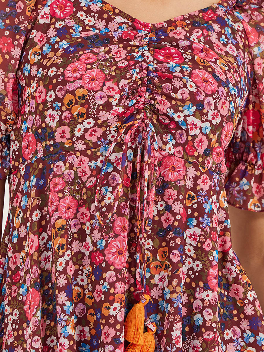 Women's Multicolored-Base-Wine V-Neck Puff Sleeve Floral Ruching Ankle-Length Dress