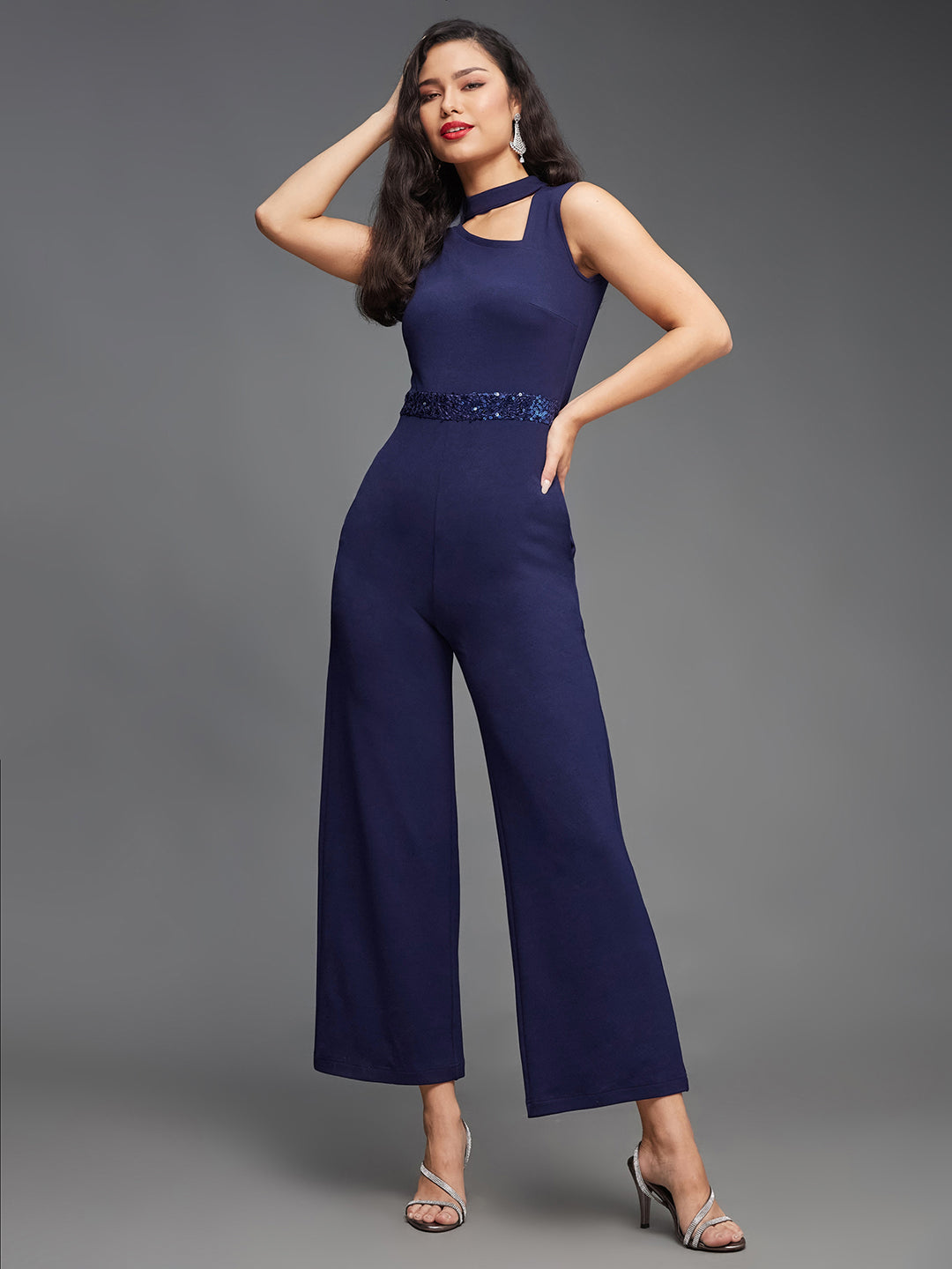 Women's Navy-Blue Collared Sleeveless Solid Asymmetric Neck Cut-Out Jumpsuit