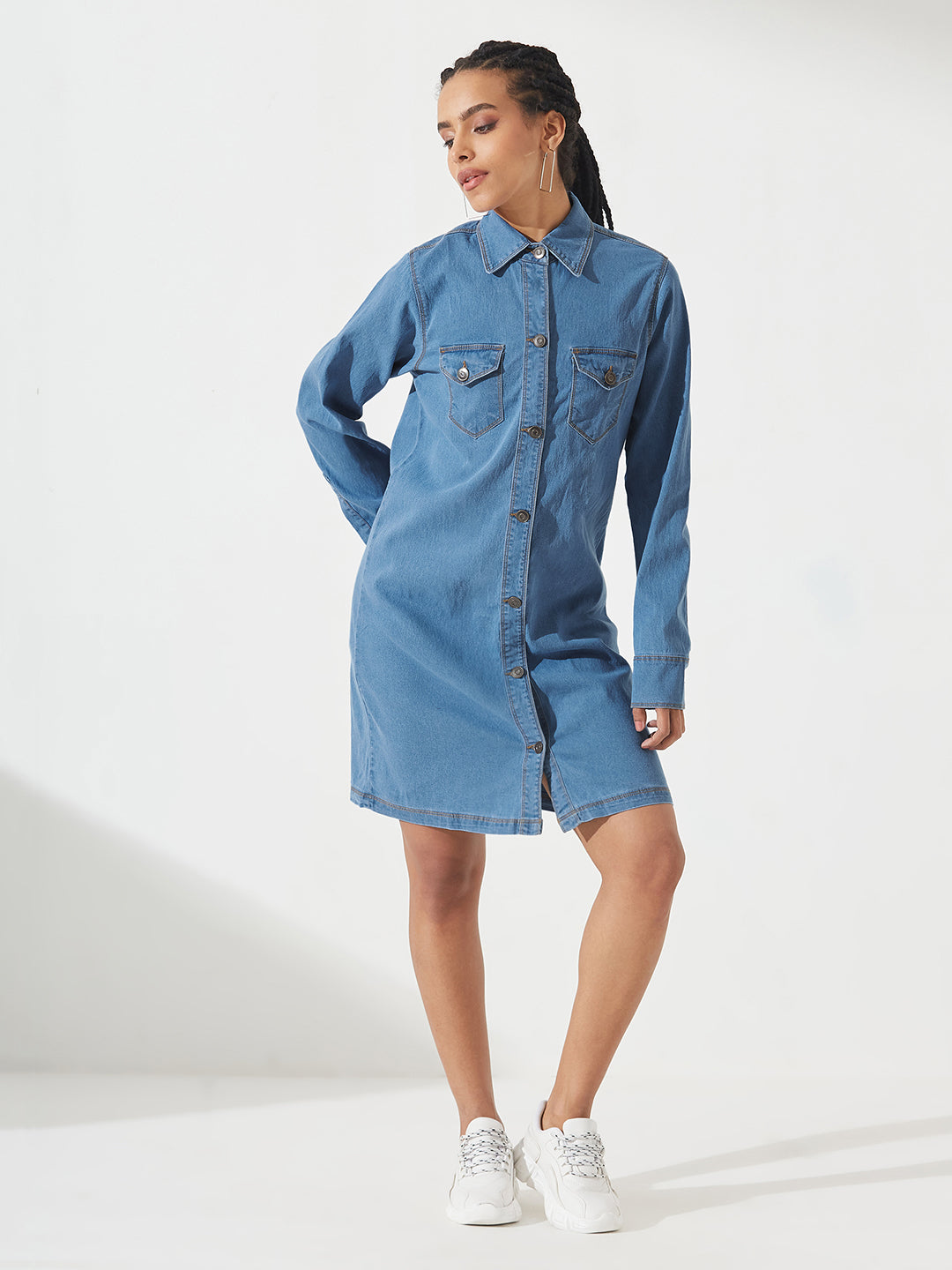 Blue Polo Neck Full Sleeves Denim Knee-Long Shrug for Women
