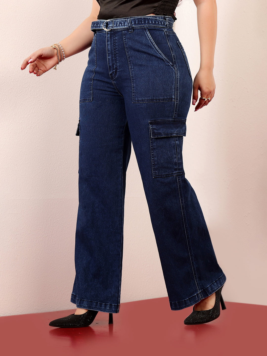 24/7 Comfort Blue Wide-Leg High-Rise Clean-Look Stretchable Cargo Denim Jeans