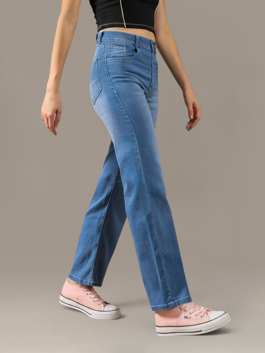 Light Blue Wide-Leg Mid Rise Blast Effect Light Weight Denim Jeans for Women
