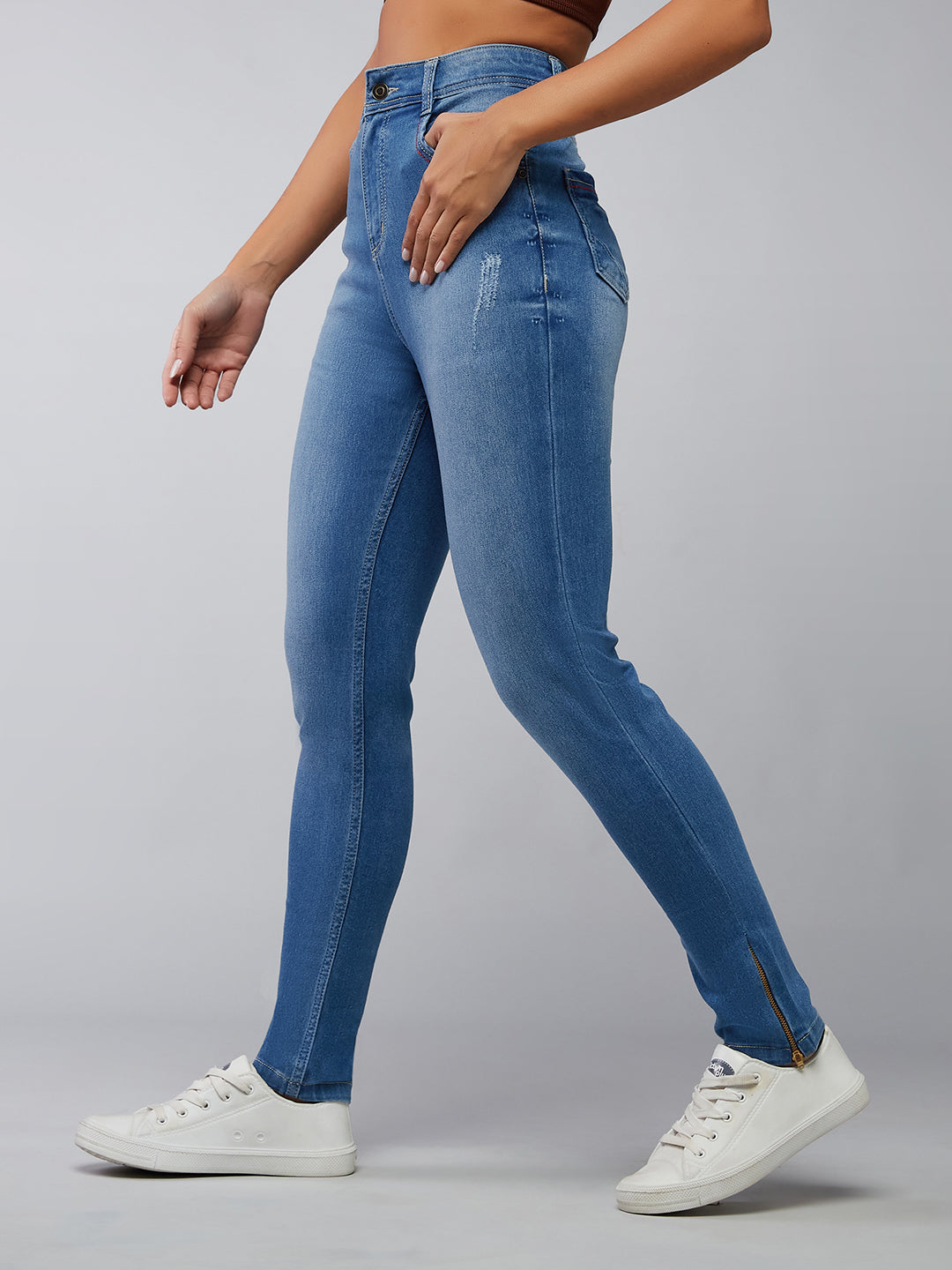 Women's Blue Skinny Fit High Rise Clean Look Regular Length Zipper Detailing Scraped Stretchable Denim Jeans