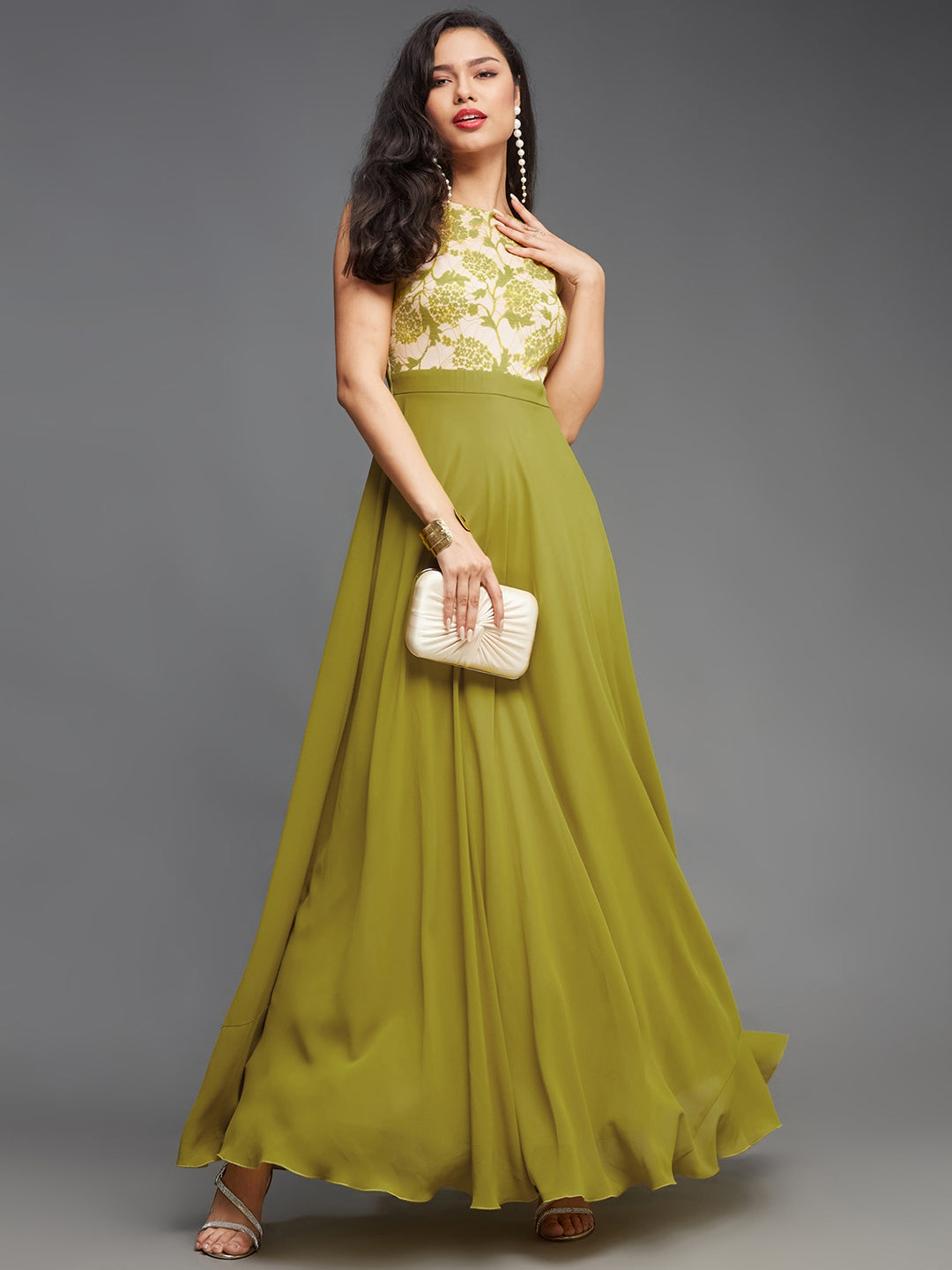 Women's Lemon Green Round Neck Sleeveless Georgette Floral Lace Fit & Flare Maxi Dress