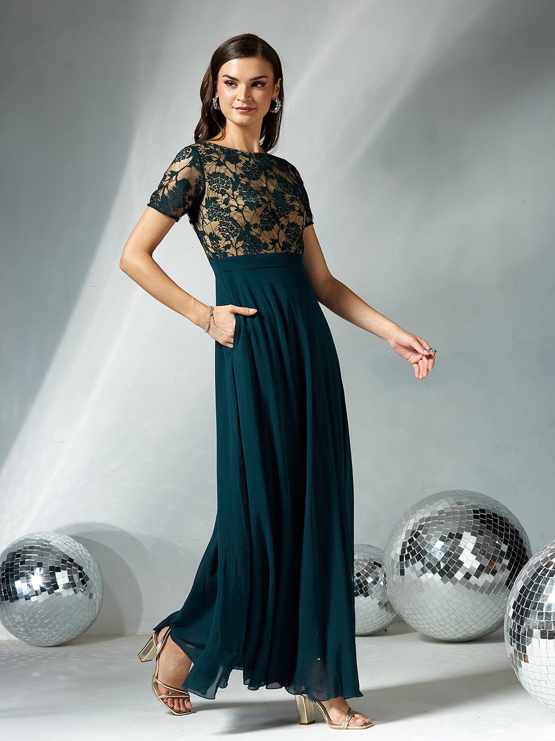 Teal Round Neck Half Sleeve Self Design Fit & Flare Georgette Maxi Dress for Women