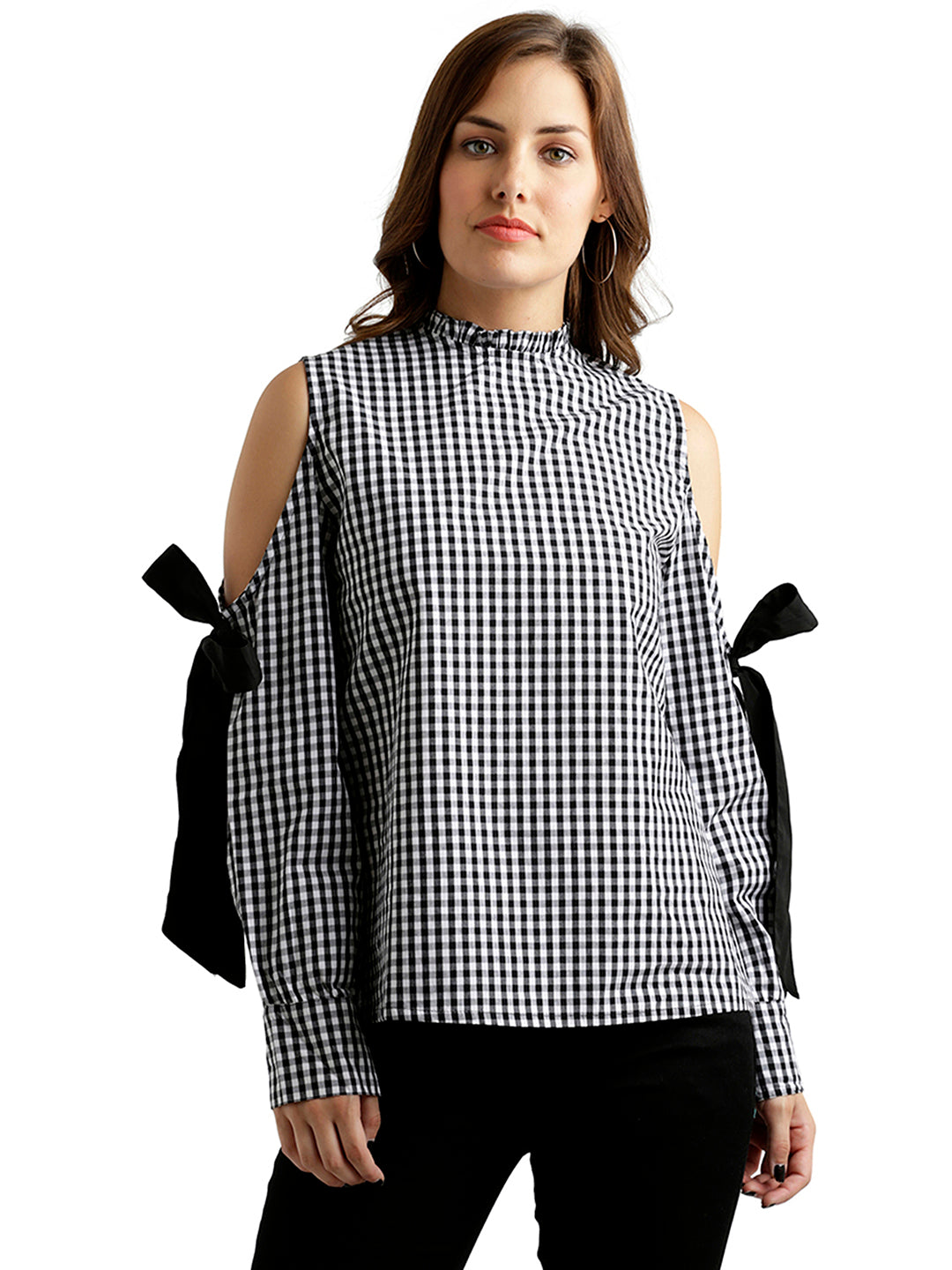 Women's Black And White Ruffled Round Neck Tie-Up Full Sleeve Cotton Checkered Frilled Cold Shoulder Top