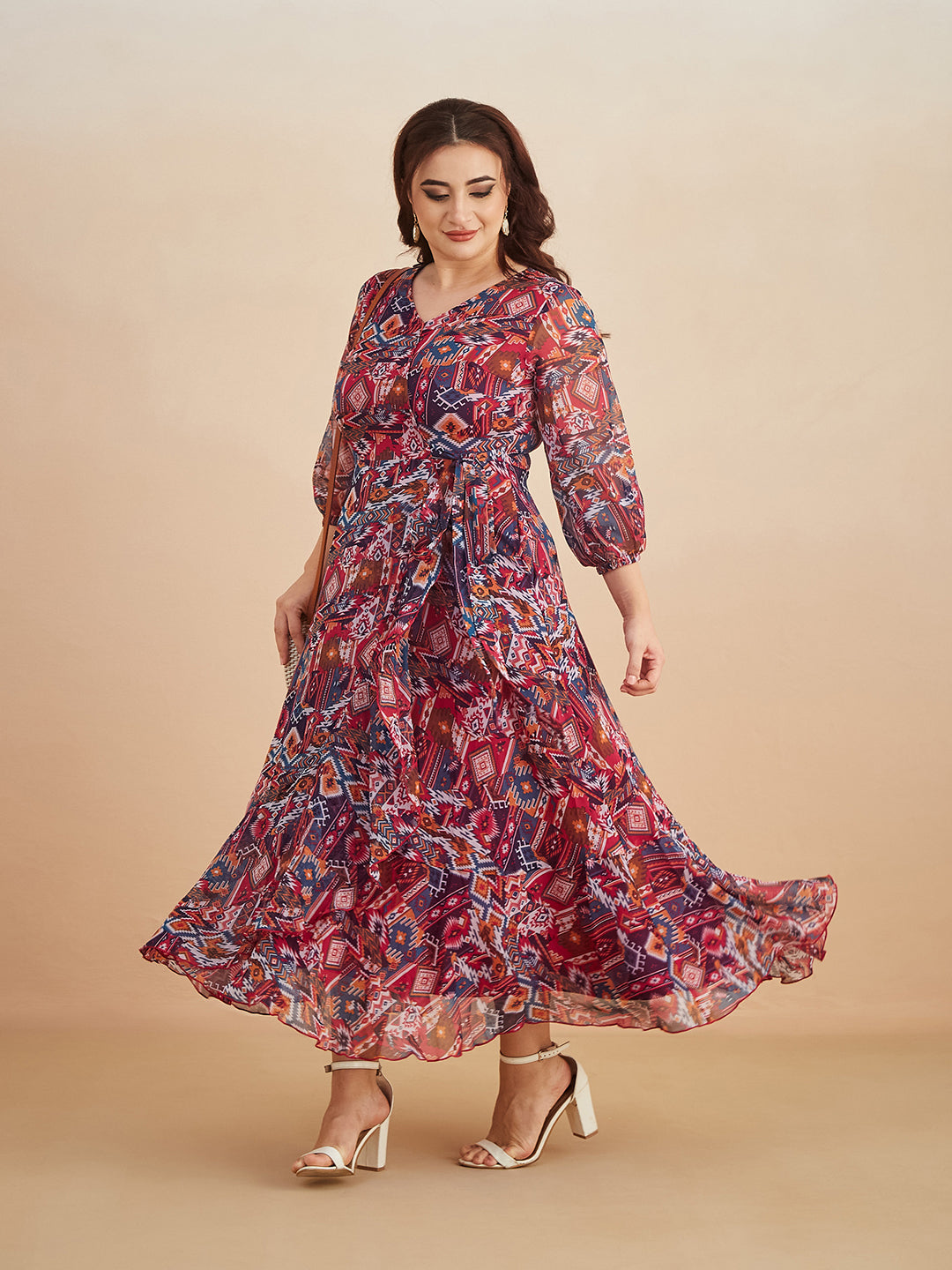 Multicolored V-Neck Three-Quarter Sleeve Geometric Patterned Wrap Midi Chiffon Dress for Women