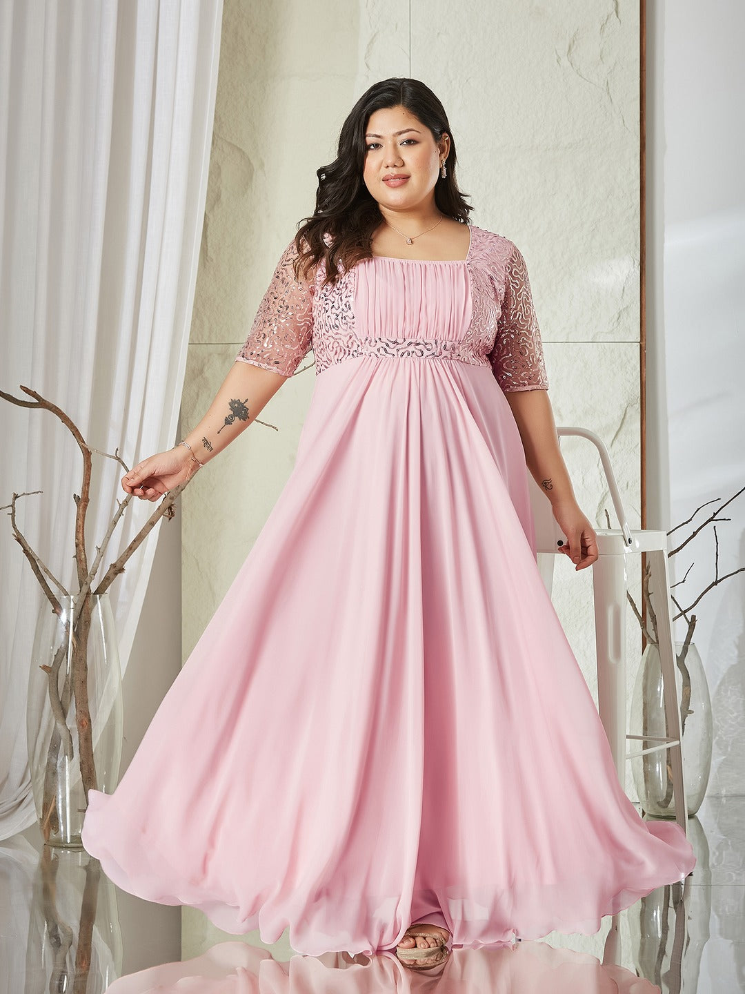 Dusty Pink Square Neck Half Sleeve Solid Embellished Maxi Dress for Women