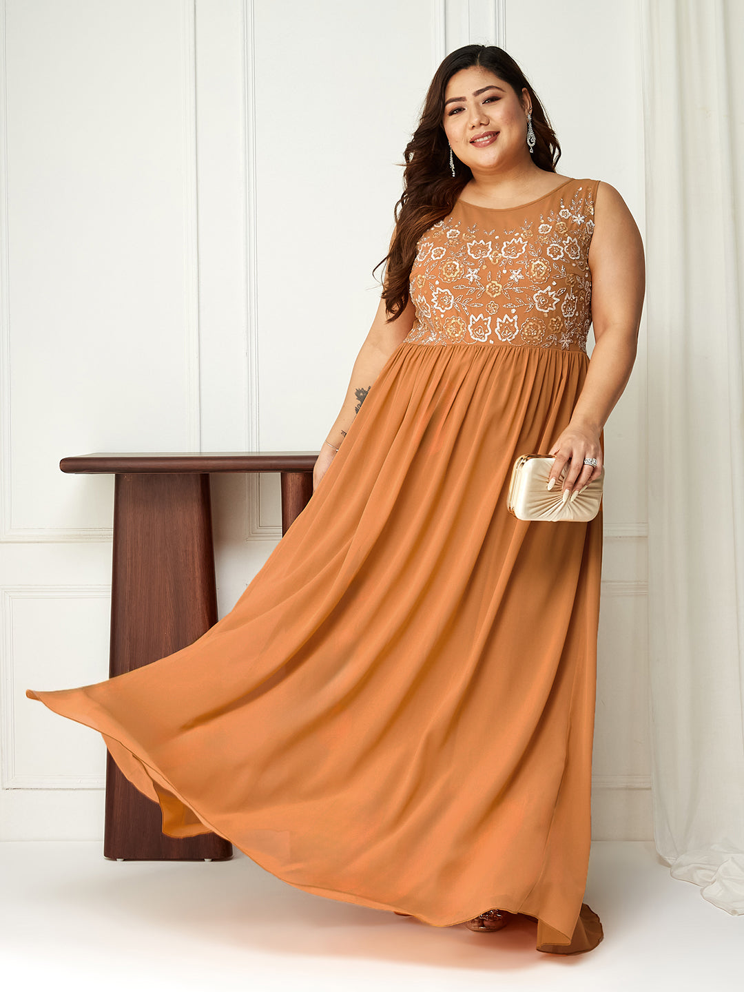 Women's Orange Boat Neck Sleeveless Sequin Embroidered Georgette Maxi Dress