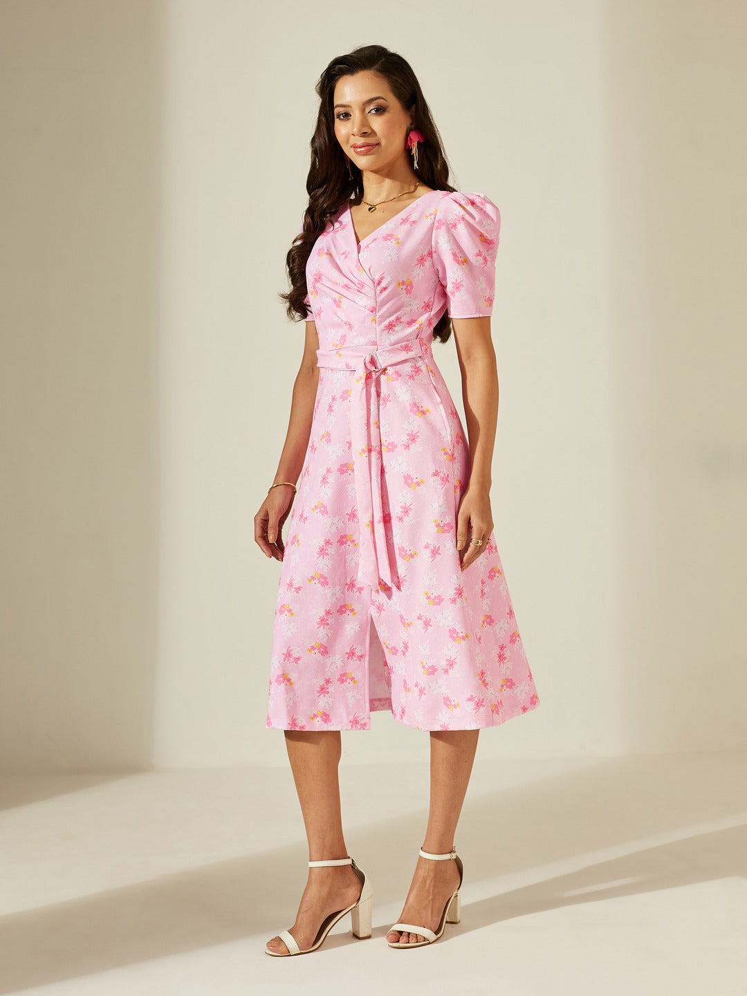 Pink V-neck Puff Sleeve Floral Wrap Midi Dress for Women
