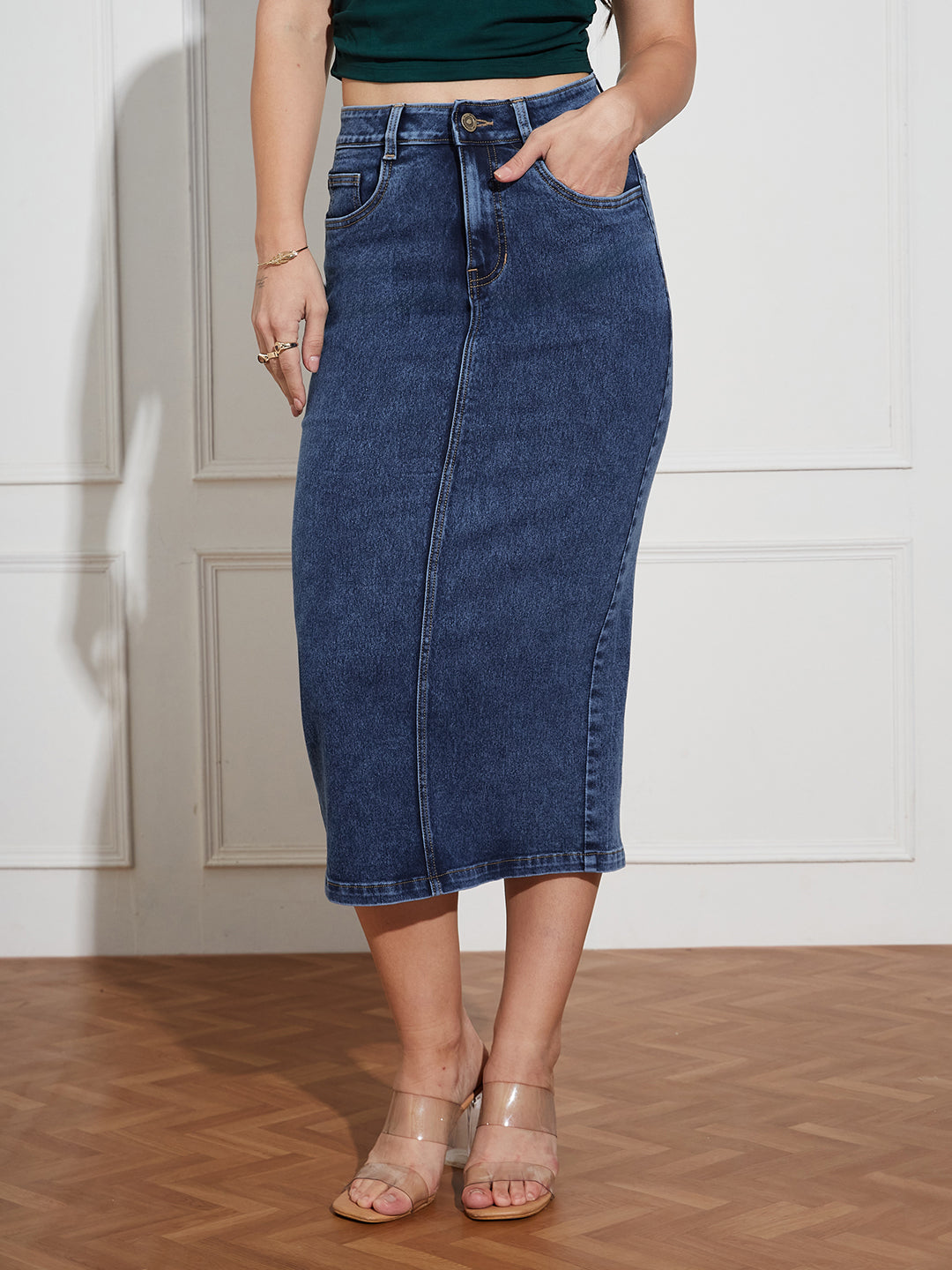 Women's Dark Blue High-Rise Stretchable Denim Midi Skirt with Back Slit – Shaping Fit