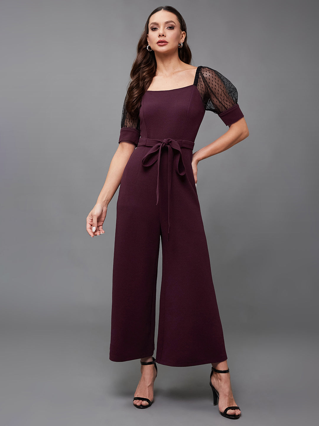 Crease Ease Women's Dark Purple & Black Solid Straight Leg Square Neck Half Sleeve Relaxed Fit Jumpsuit