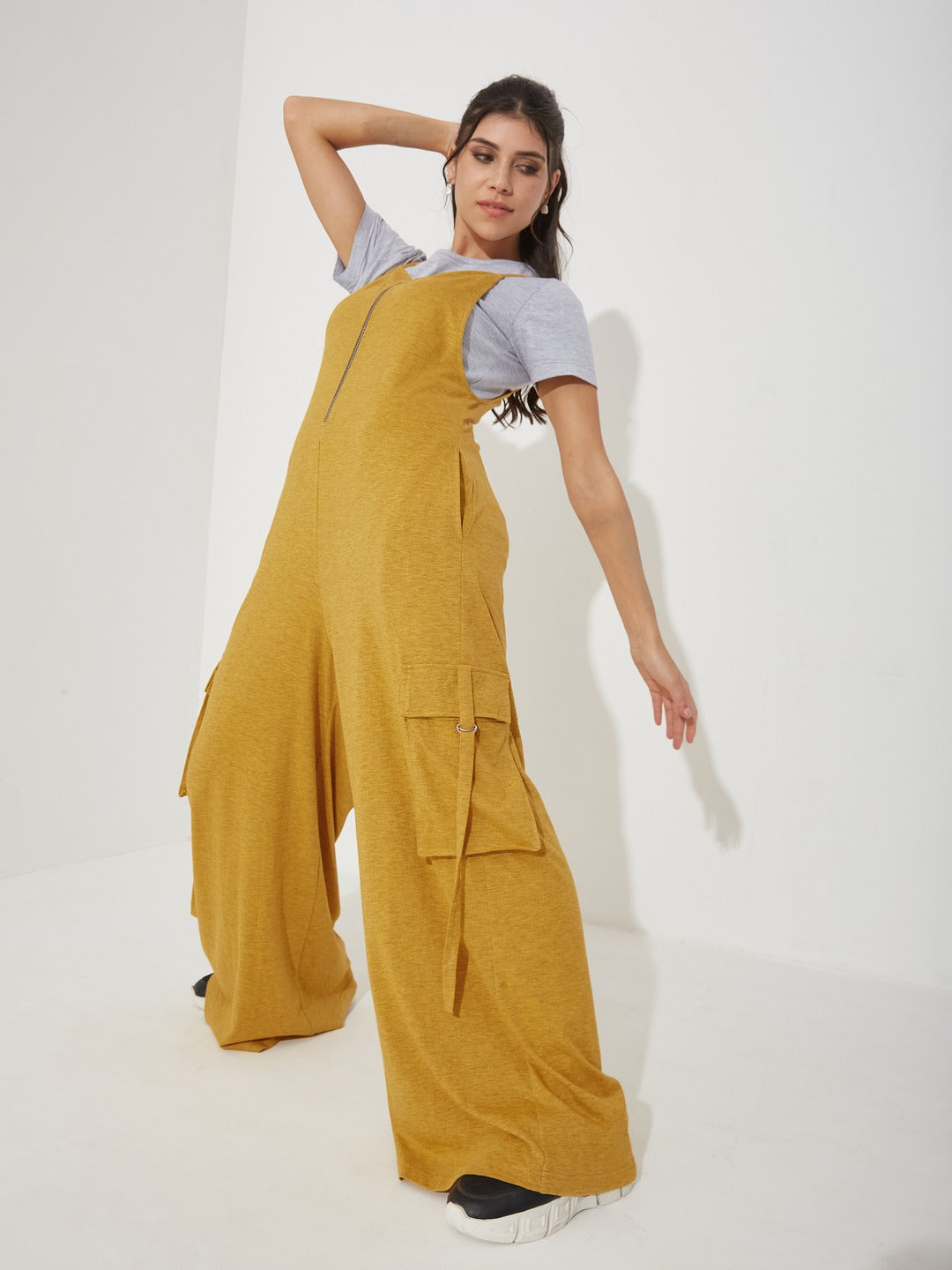 Gold and Grey Round Neck Half Sleeve Solid Regular Fit Cotton Dungaree Co-Ord Set for Women