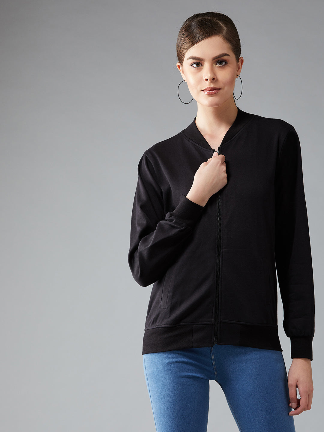 Women's Black Collared Full Sleeves Solid Bomber Regular Length Jacket
