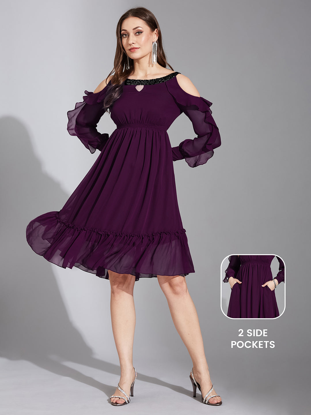 Women's Dark Purple Solid Round Neck Full Sleeves Polyester Ruffled Knee Length Dress