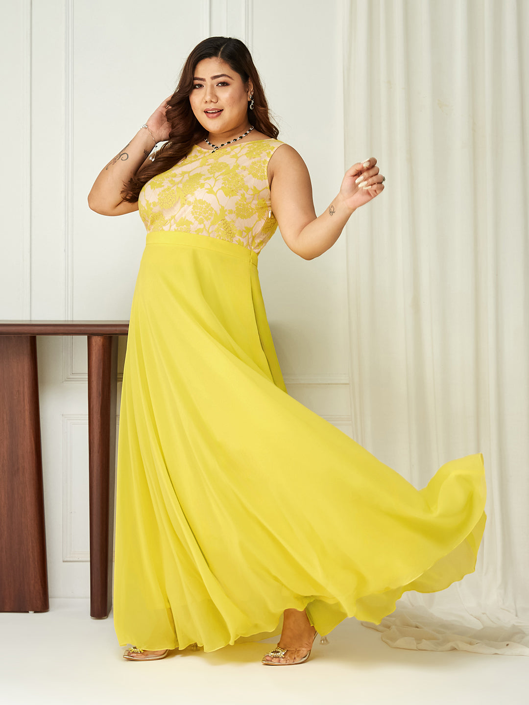 Women's Light Yellow Round Neck Sleeveless Georgette Lace Floral Fit & Flare Maxi Dress