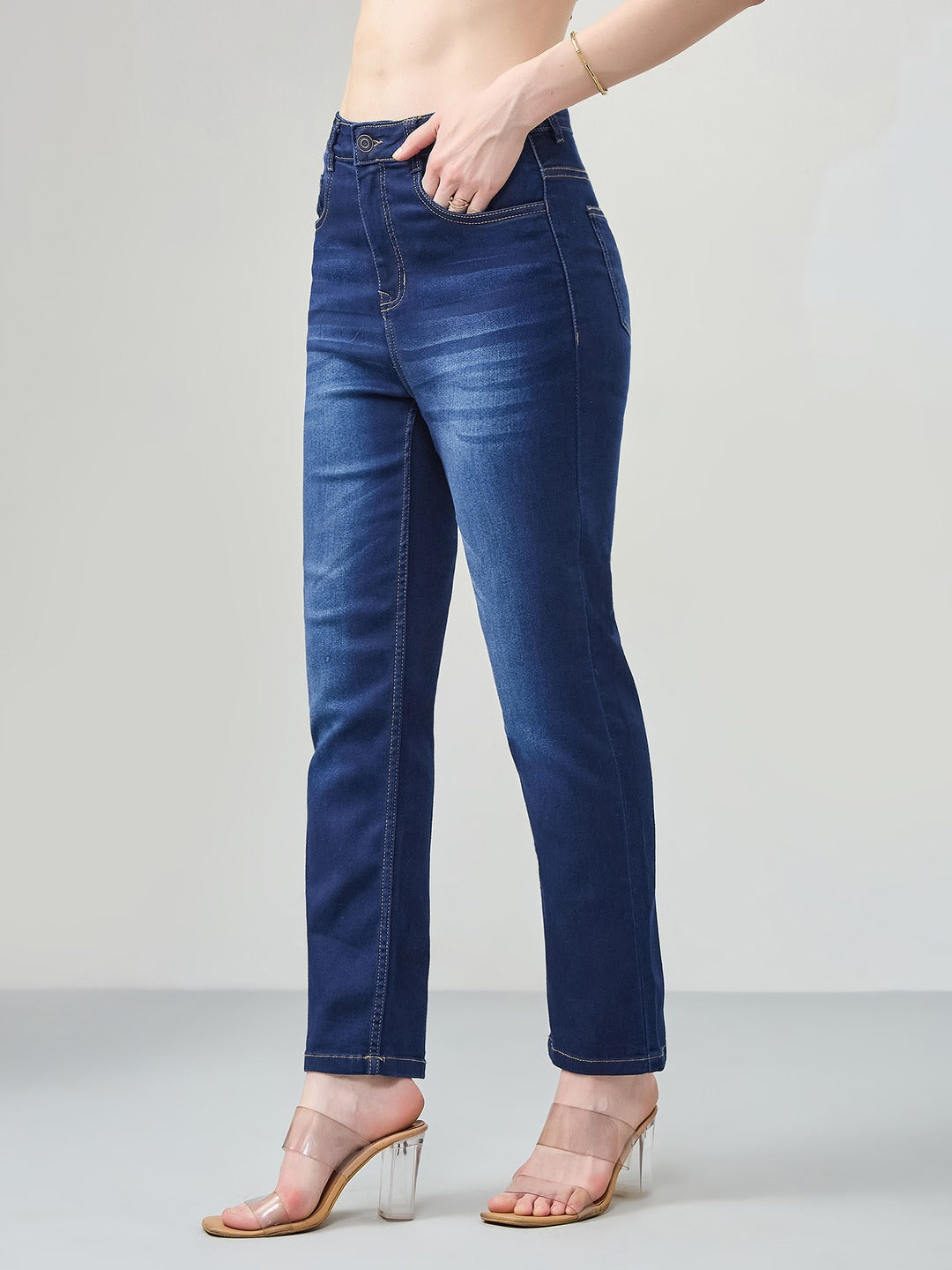 Mid-Rise Navy Blue Semi-Straight Fit Stretchable Jeans with Whiskering & Dark Wash Finish for Women
