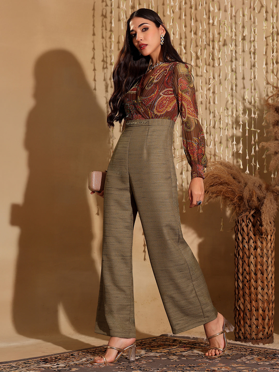 Women's Multicolored V-Neck Bishop Sleeve Bohemian Patterned Straight Leg Wrap Regular Silk Jumpsuit