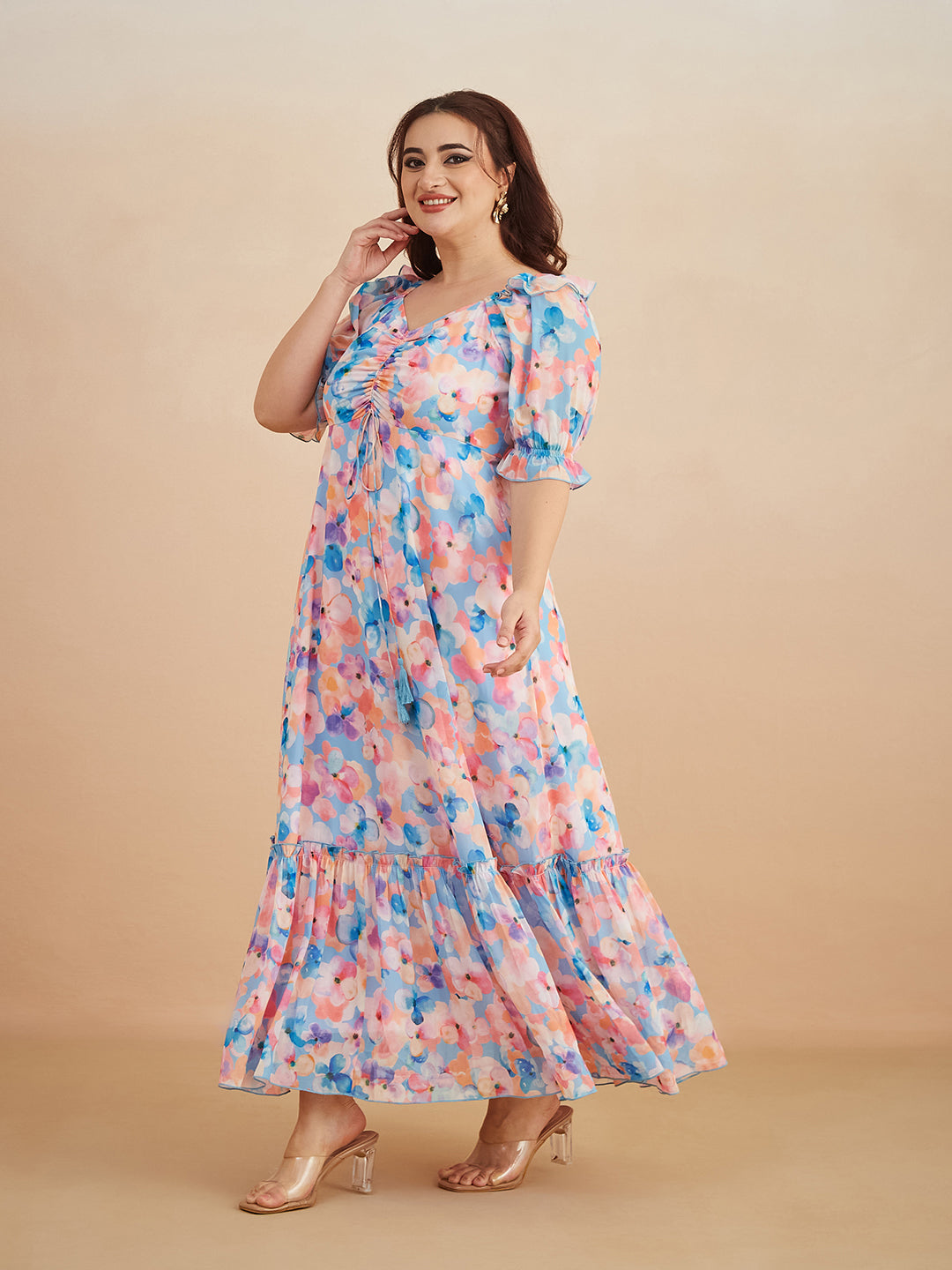 Multicolored-Base-Sky Blue V-Neck Puff Sleeve Floral Ruching Ankle-Length Dress for Women