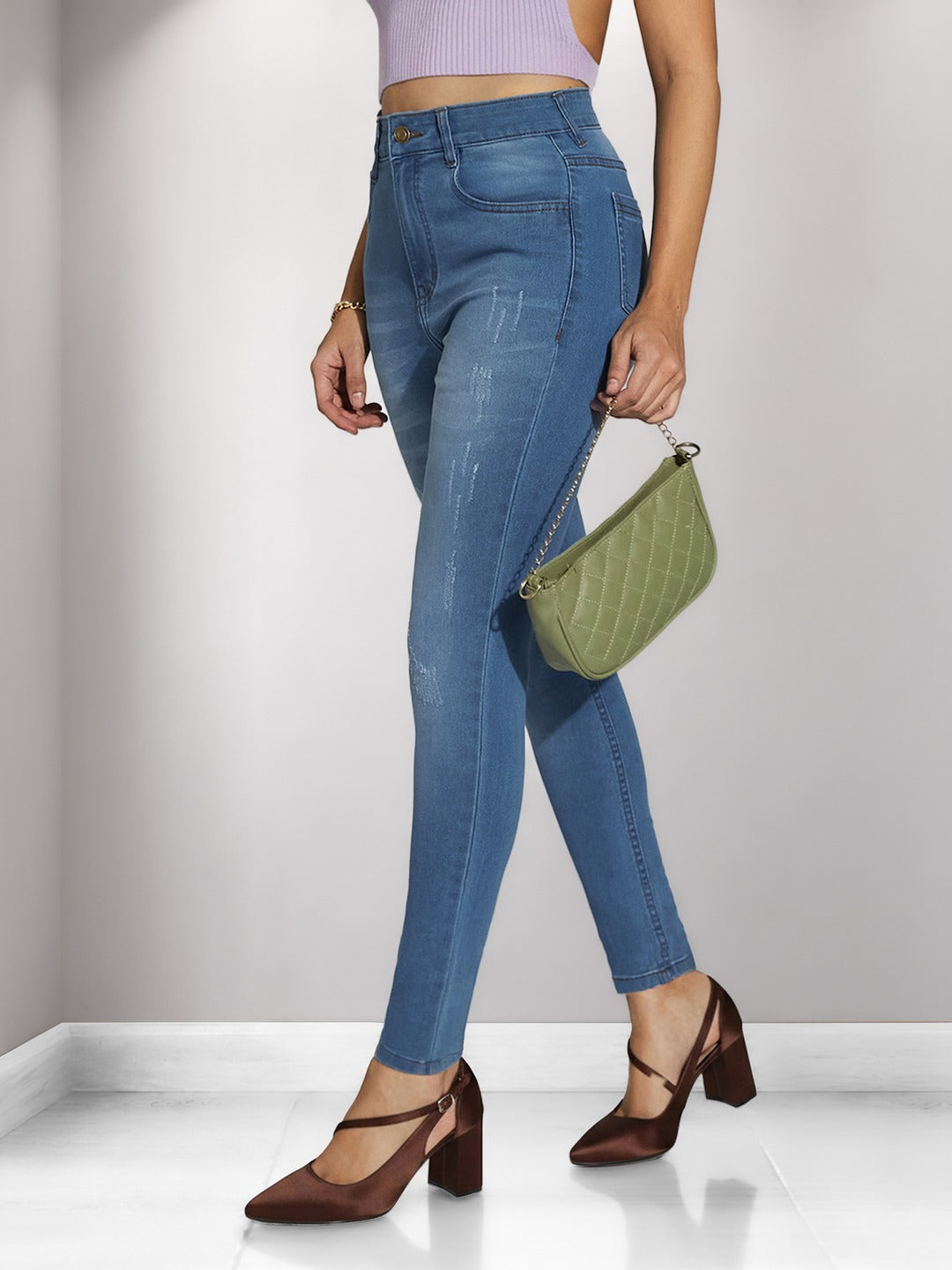 Blue Skinny High Rise Mild Distress Stretchable Denim Jeans for Women