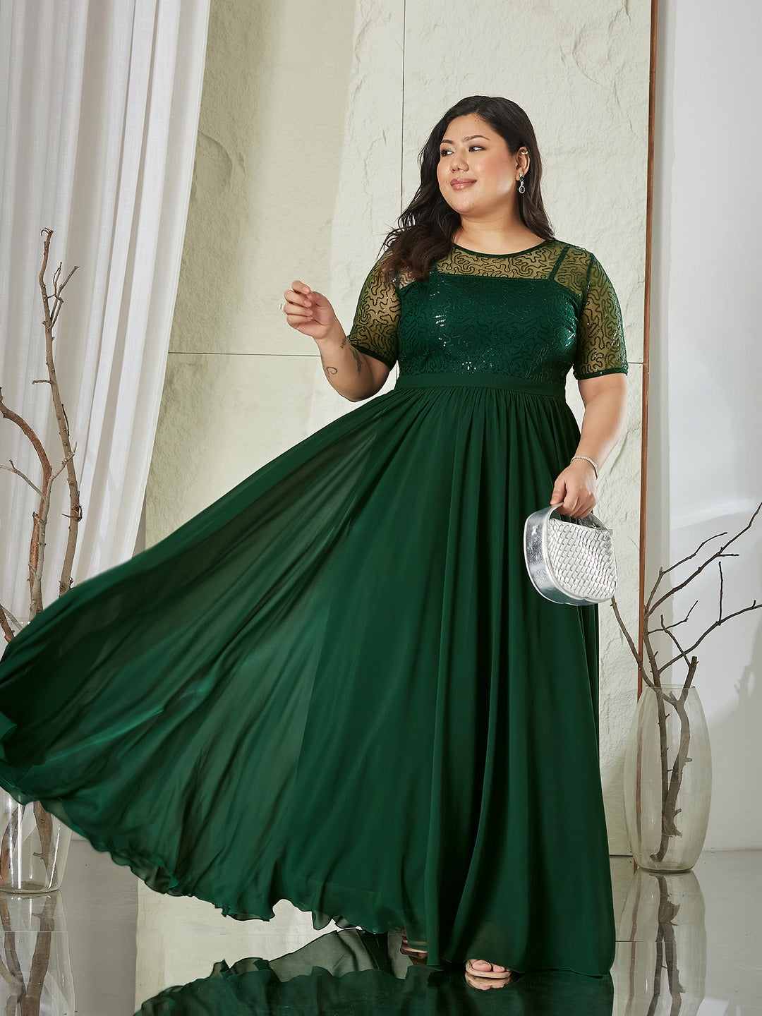 Dark Green Relaxed Fit Maxi Georgette & Sequins Dress for Women