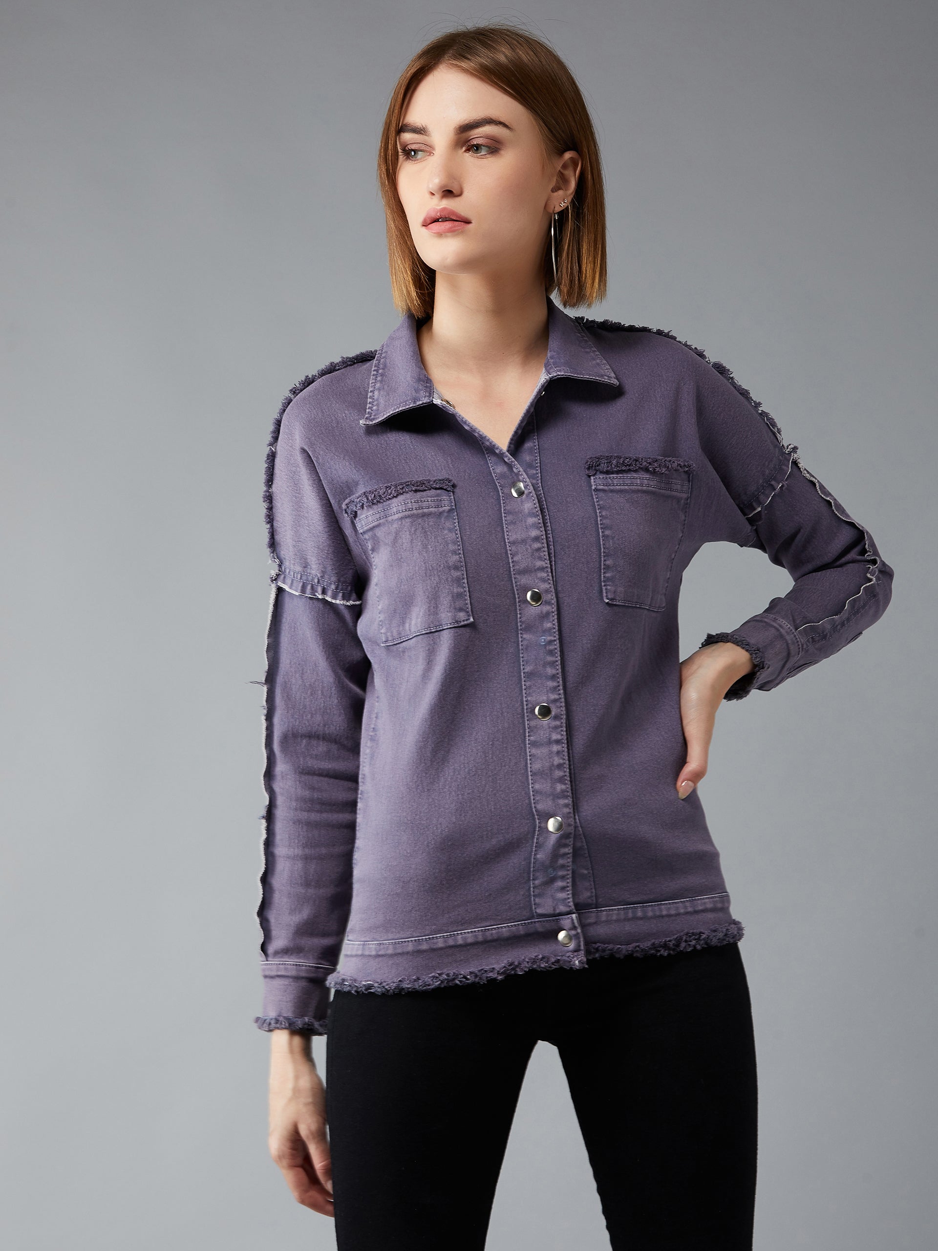 Women's Lilac Polo Neck Full Sleeves Denim Bomber Regular Length Jacket