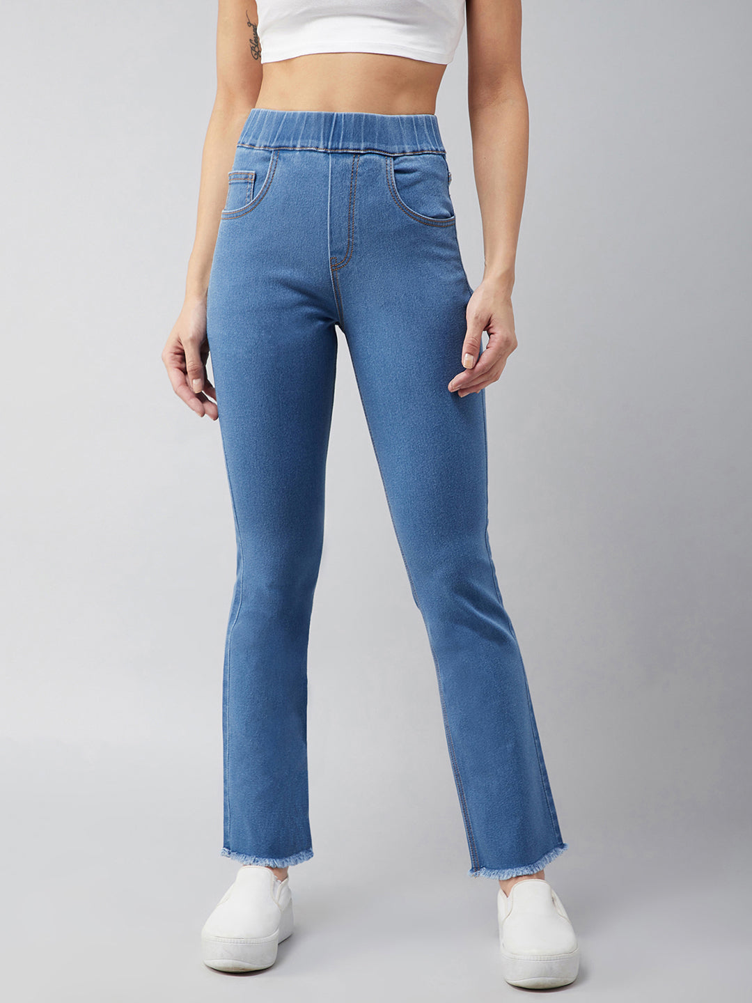 Women's Blue Bell Bottom Semi-Bootcut Hourglass Mid-rise Clean Look Regular Stretchable Timeless Denim Jeans