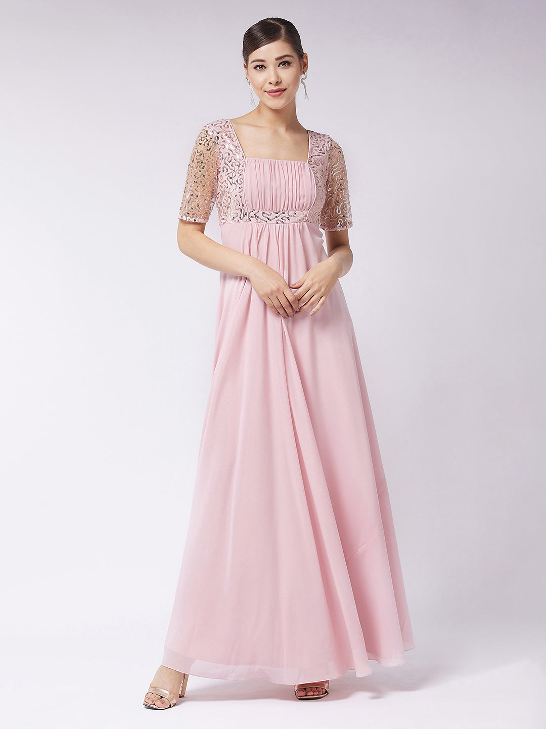 Women's Dusty Pink Square Neck Half Sleeve Solid Embellished Maxi Dress