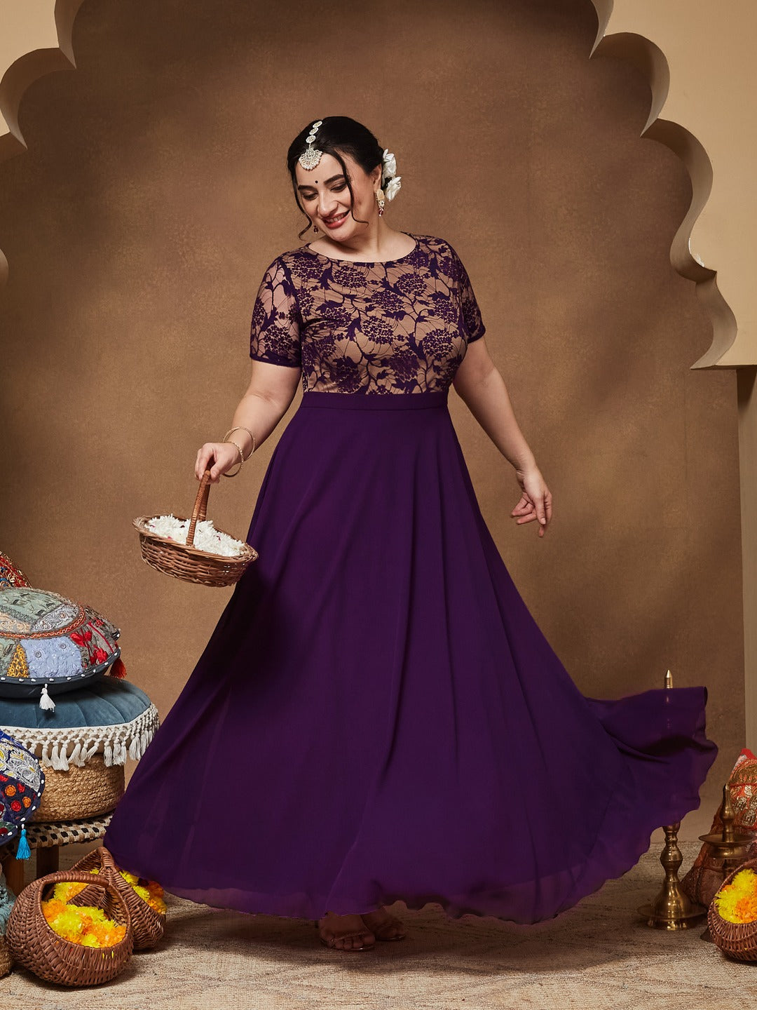 Dark Purple Round Neck Half Sleeve Self Design Fit & Flare Georgette Maxi Dress for Women