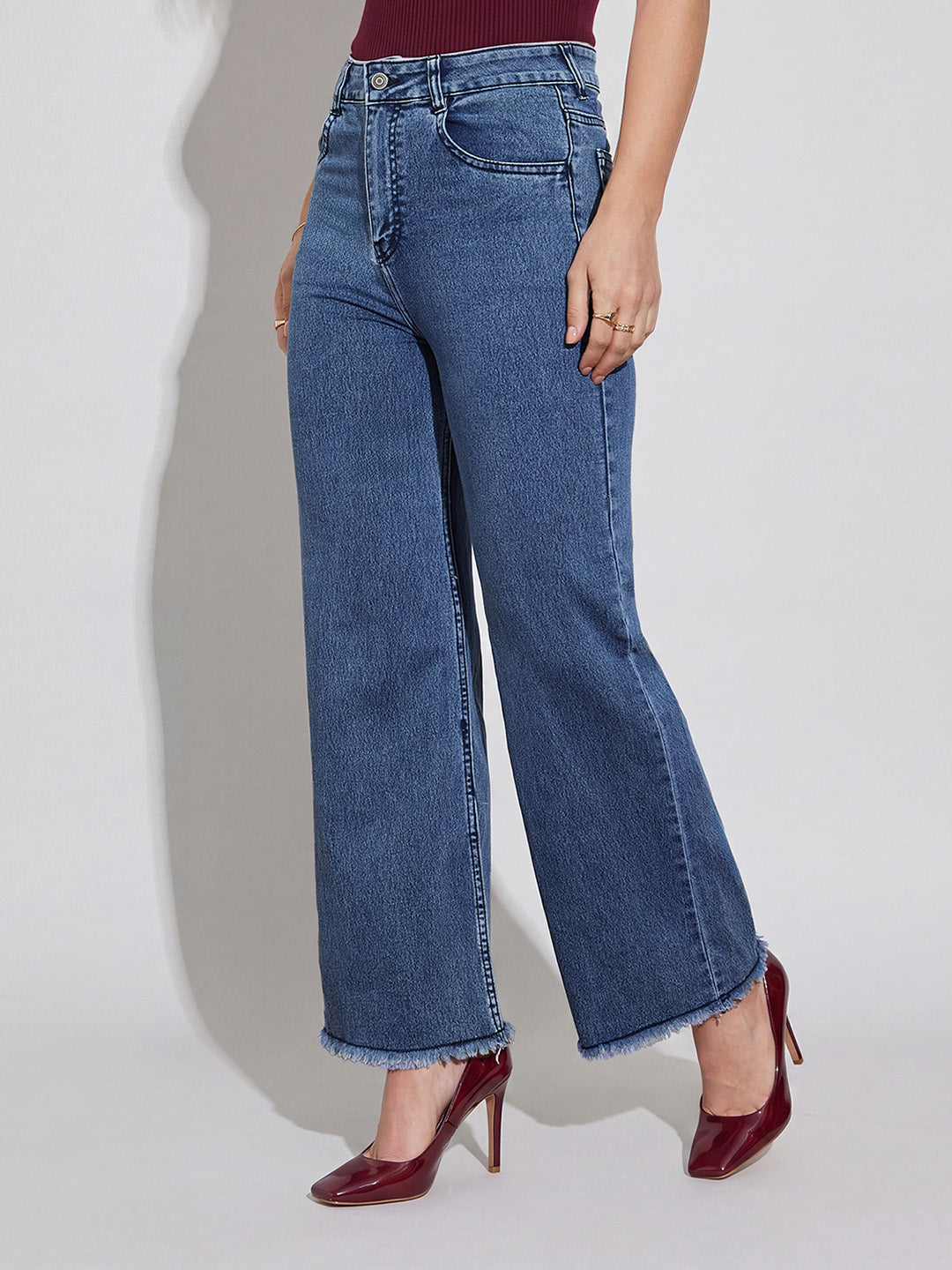 Navy-Blue Wide-Leg High Rise Stretchable Denim Jeans for Women