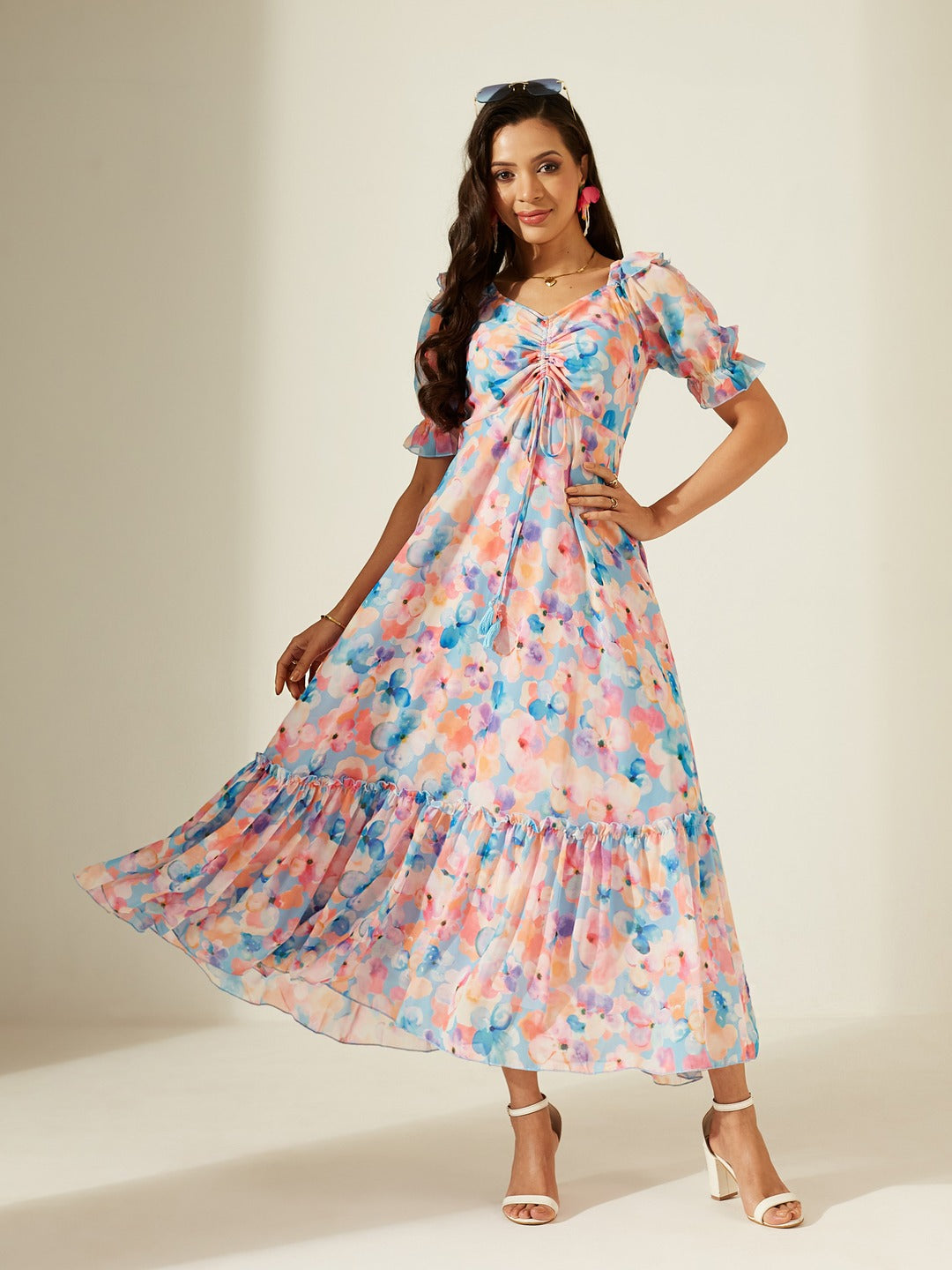 Sky Blue V-Neck Puff Sleeve Floral Ruching Ankle-Length Dress for Women