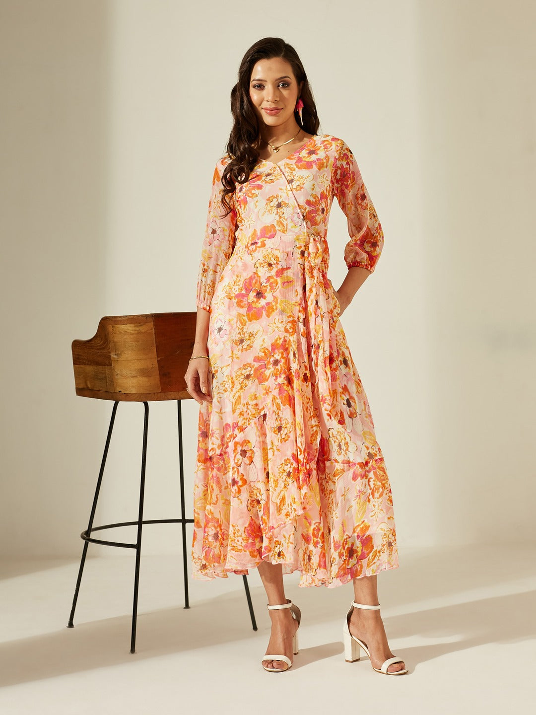 Pink & Orange V-Neck Bishop Floral Layered Chiffon Maxi Dress for Women