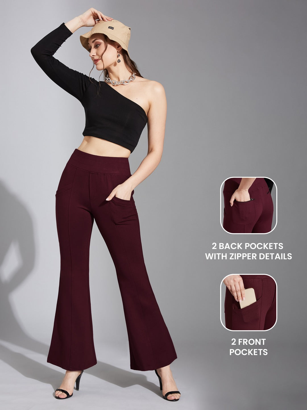 Wine Regular-Length Viscose Rayon Bootcut Trouser for Women