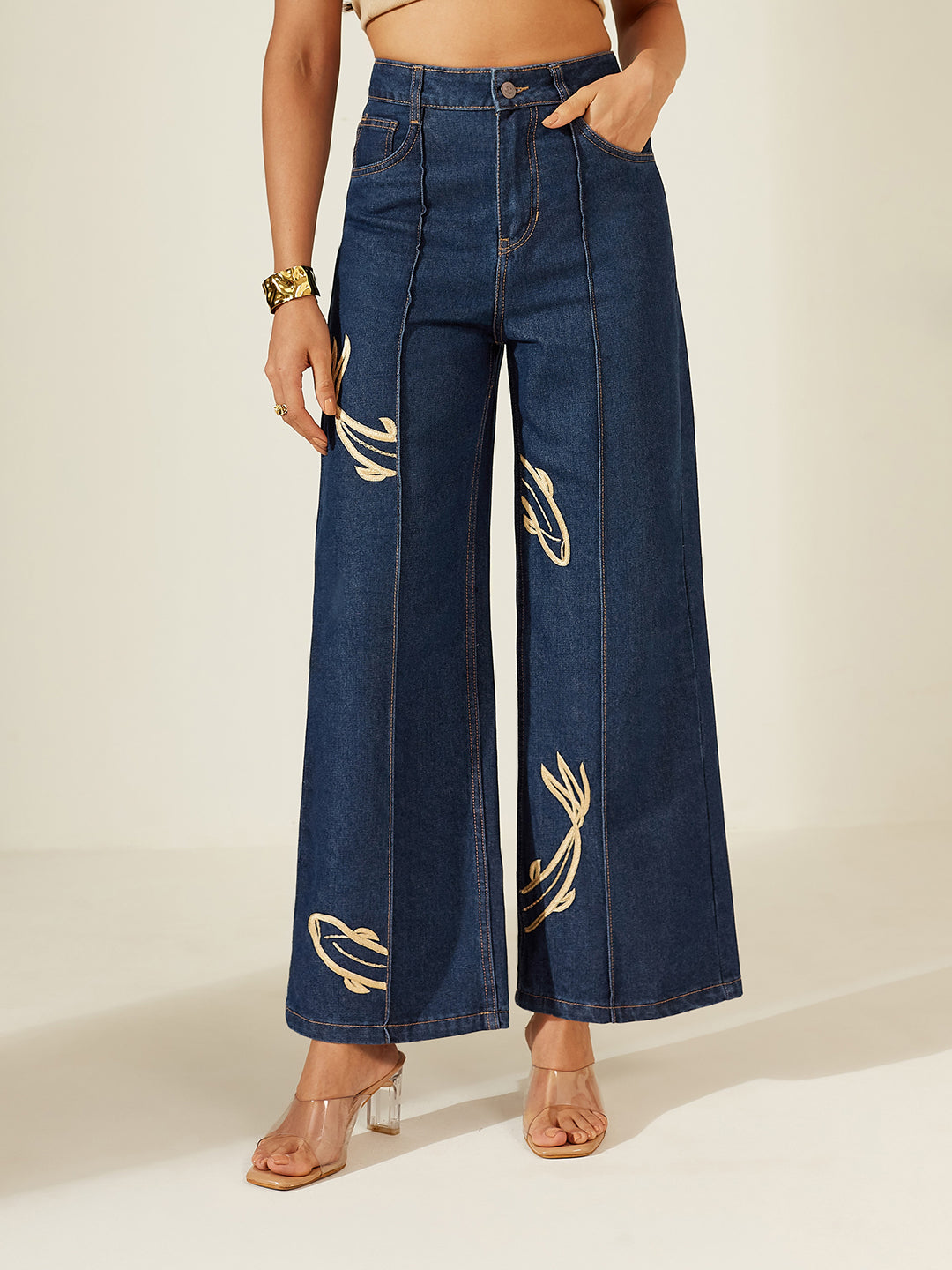 Navy Blue Wide-Leg High-Rise Non-Stretchable Denim Jeans with Hand-Crafted Contrast Beige Embroidery for Women