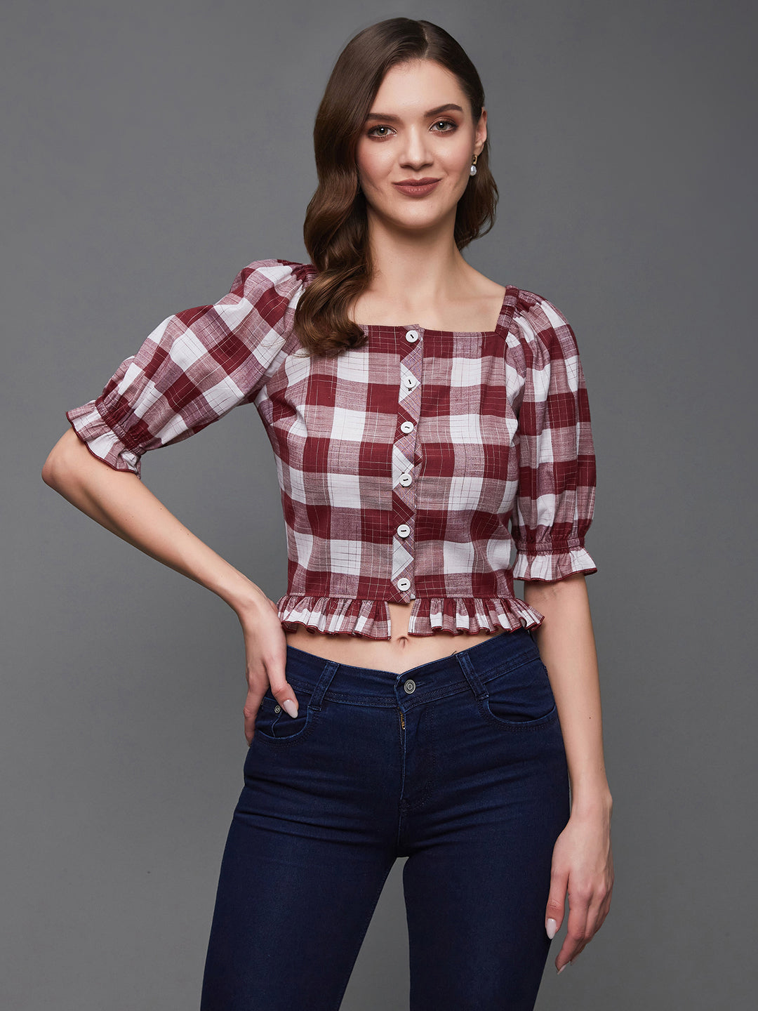 Women's Maroon and White Checkered Square Neck Puff Sleeves Polyester Ruffled Short Top