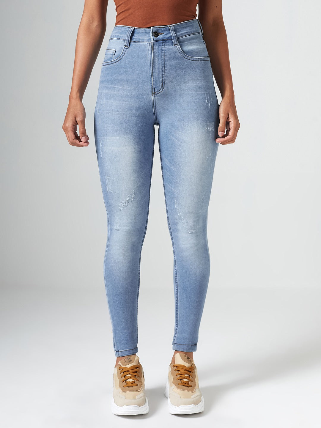 Light Blue High-Rise Mildly-Distressed Regular-Length Stretchable Denim Skinny Jeans for Women