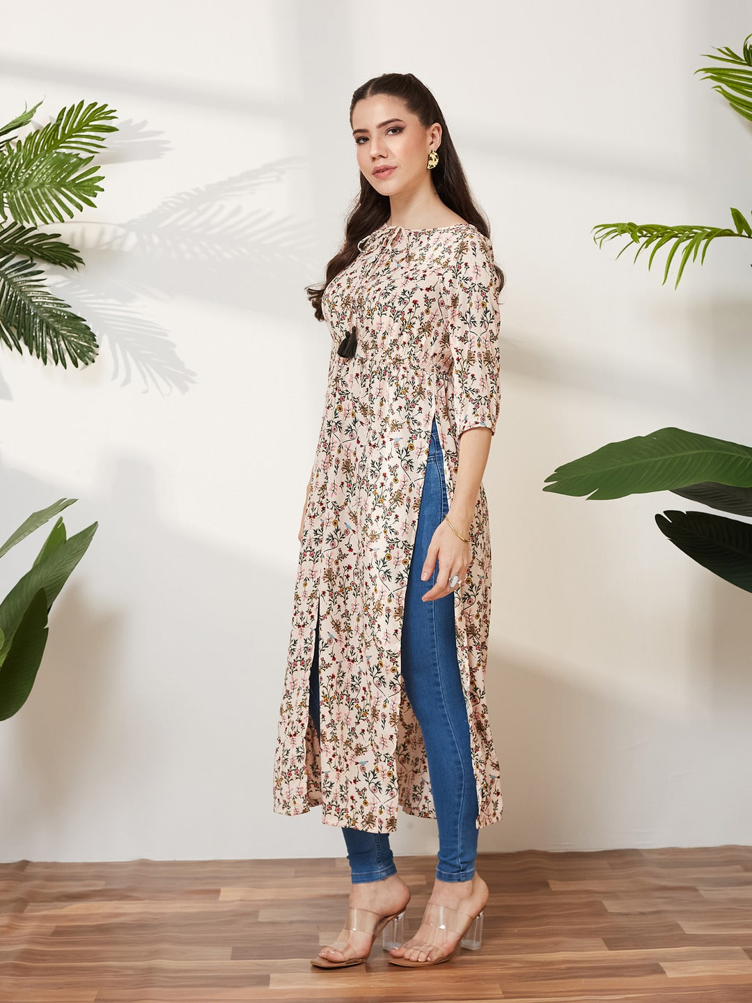 Round Neck 3/4 Sleeve Floral Tie-Up Tassel Detailing Front Slit Maxi Top for Women