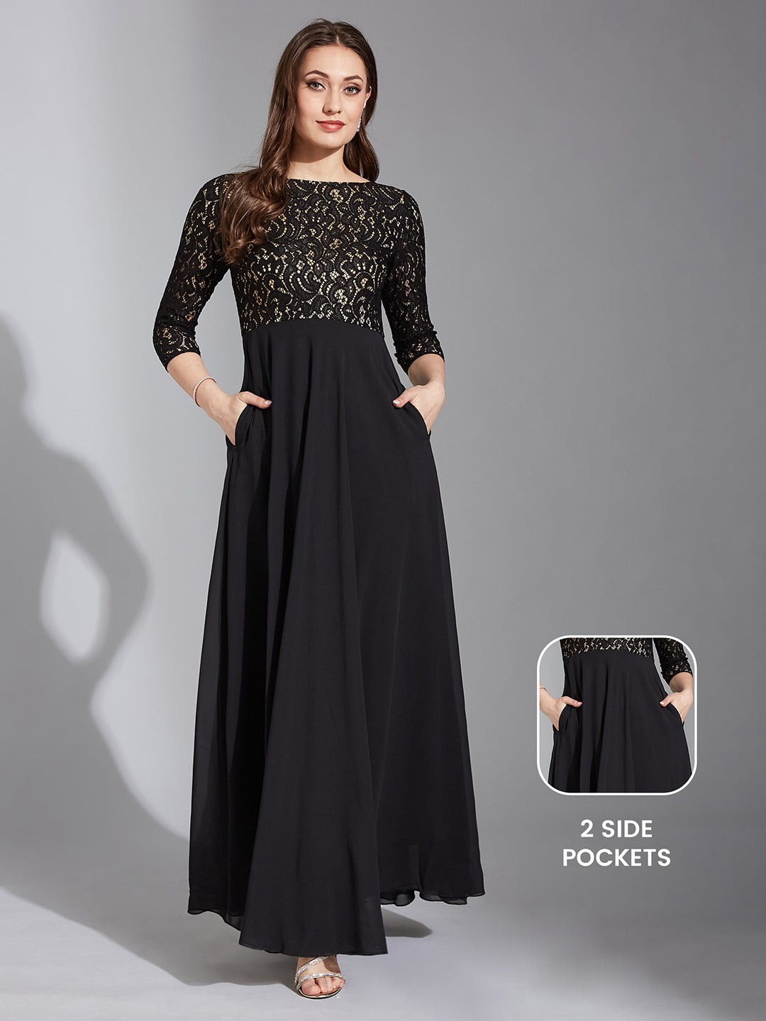 Women's Black Self Design Boat Neck 3/4 Sleeves Side Pocketed Georgette Fit and Flare Maxi Length Dress