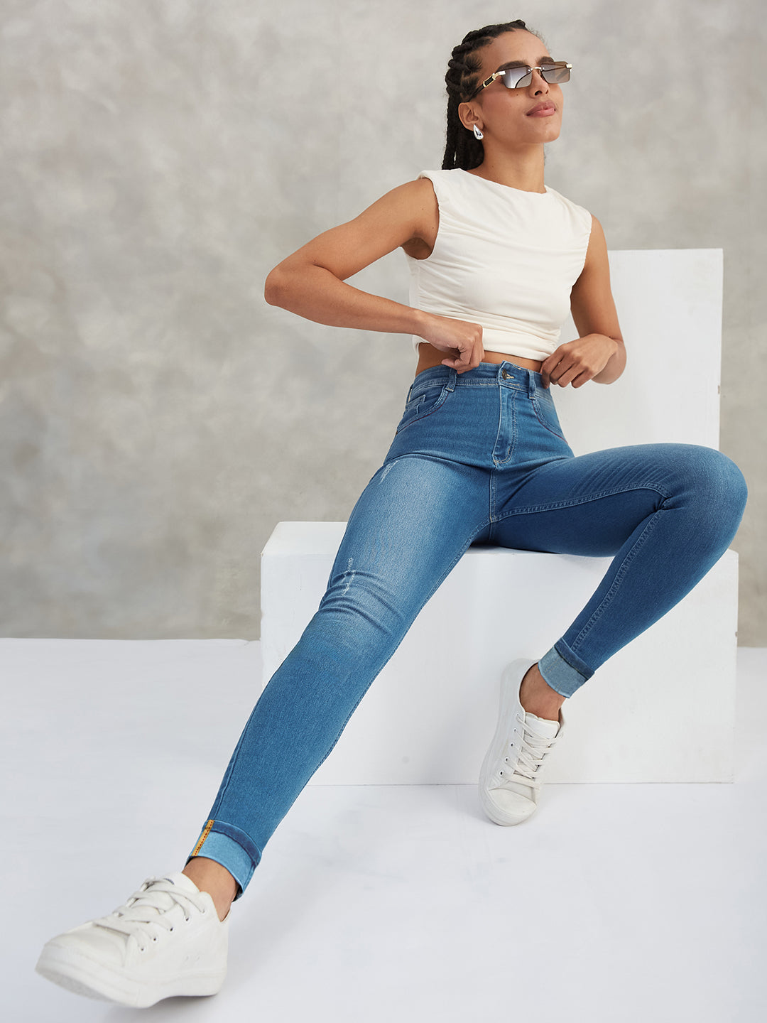 Women's Blue Skinny High-Rise Twill Tape Detailing Scraped Stretchable Denim Jeans