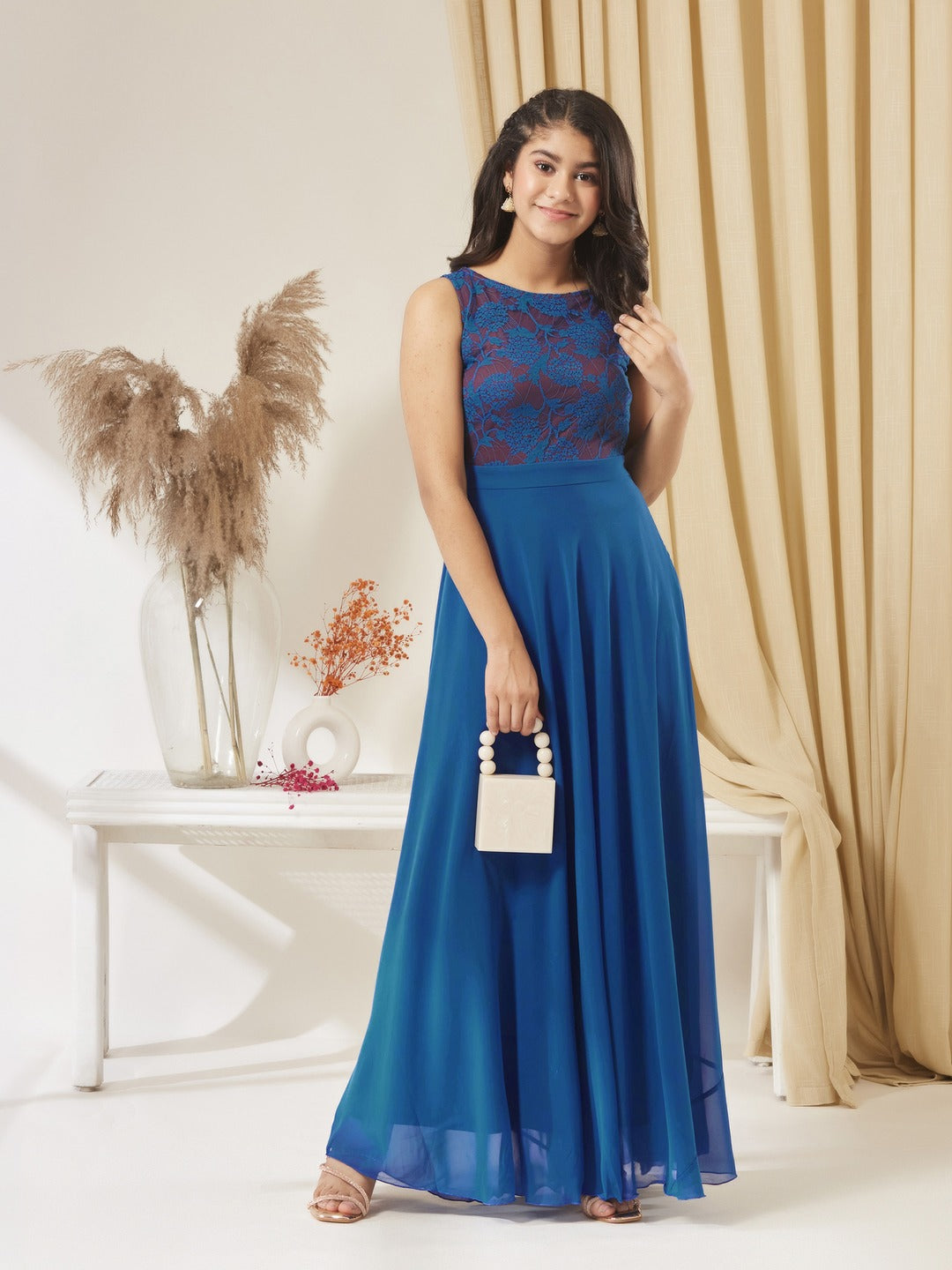 Royal Blue Round Neck Sleeveless Georgette Floral Lace Fit & Flare Maxi Dress for Girls/Teenagers