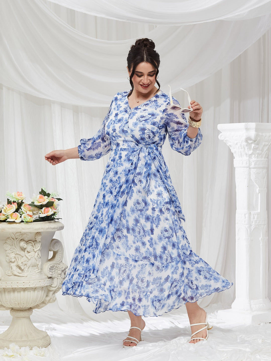 White V-Neck Three-Quarter Sleeve Floral Wrap Chiffon Midi Dress for Women