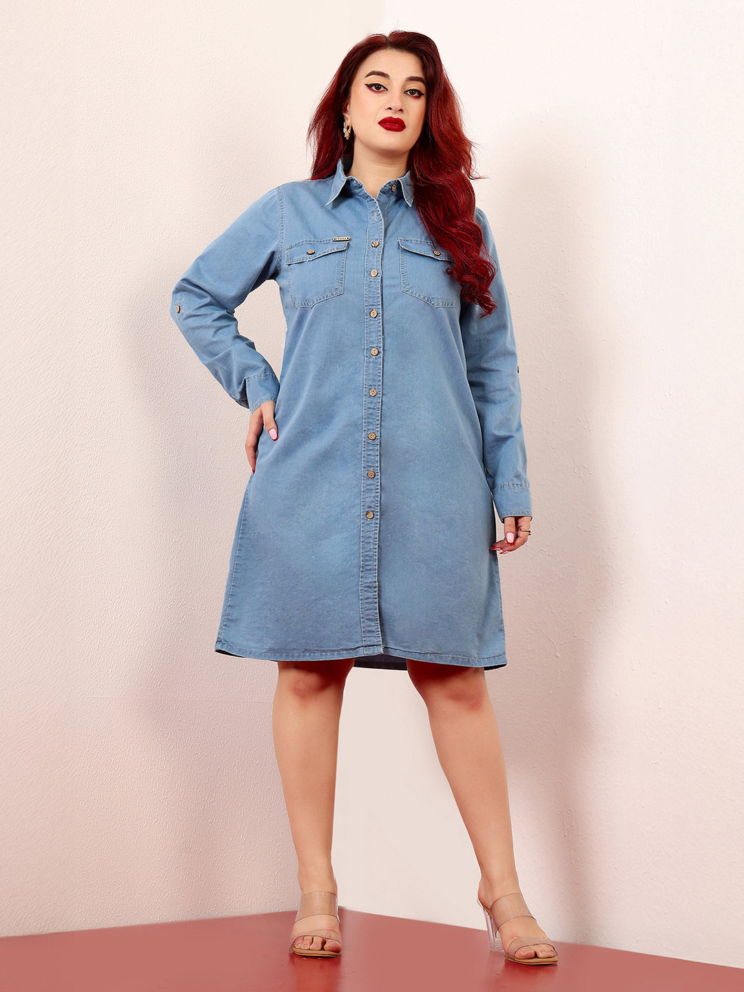 Blue Polo Neck Rolled-Up Full-Sleeves Denim Solid Buttoned A-Line Mini Dress for Women — Miss Chase A+