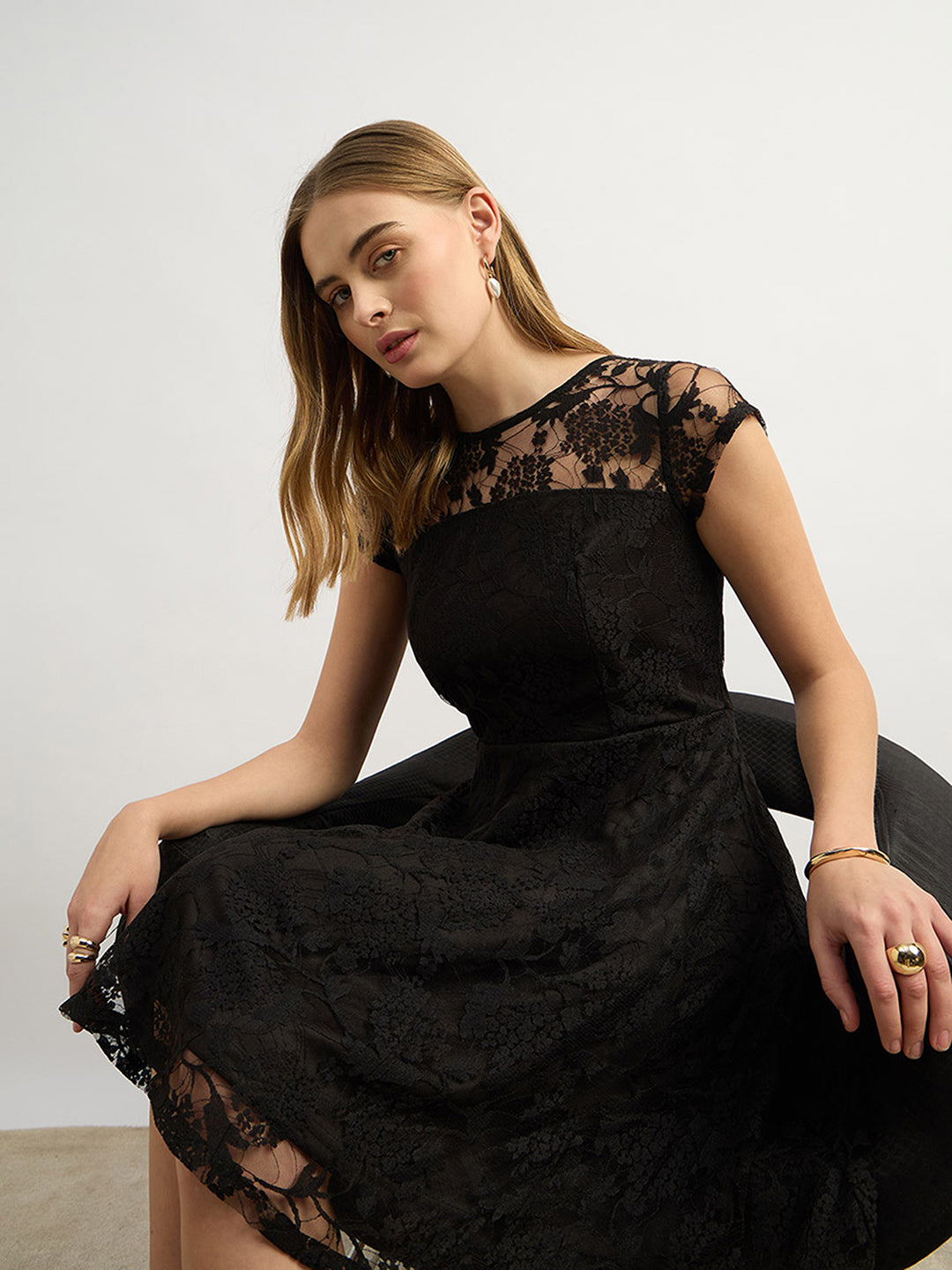 Women's Black Round Neck Cap Sleeves Low Back Lace Skater Dress