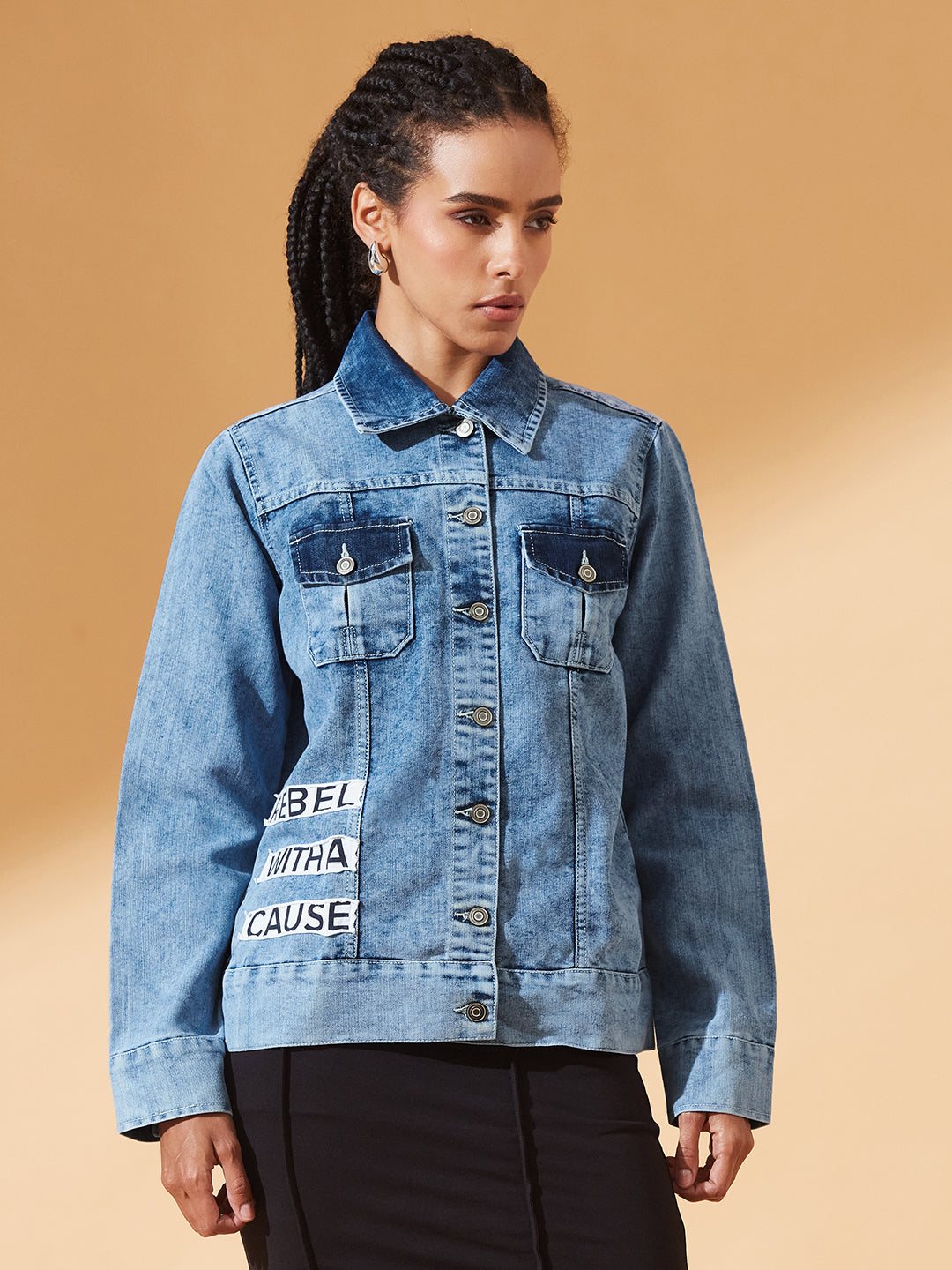 Light-Blue Polo Neck Solid Full Sleeve Bomber Jacket for Women