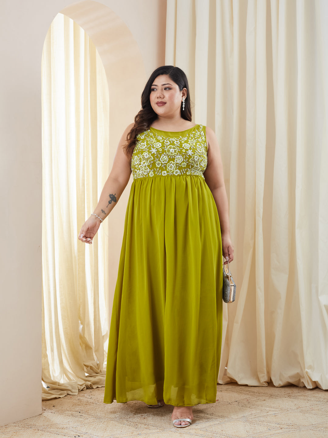 Lemon Green Boat Neck Sleeveless Embroidered Georgette Gathered Maxi Dress for Women