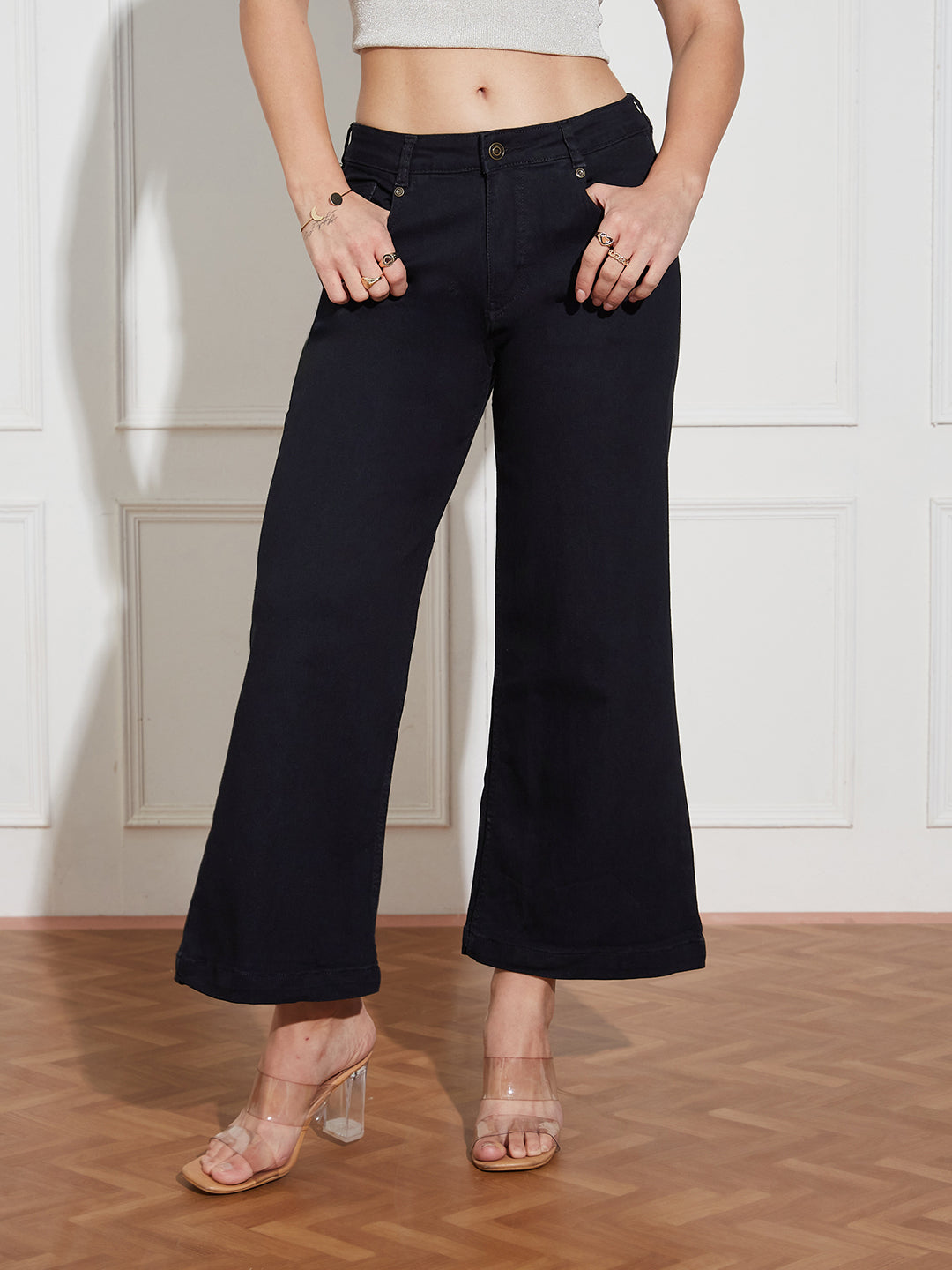 Women's Black Wide-Leg Mid Rise Clean Look Cropped Stretchable Denim Jeans