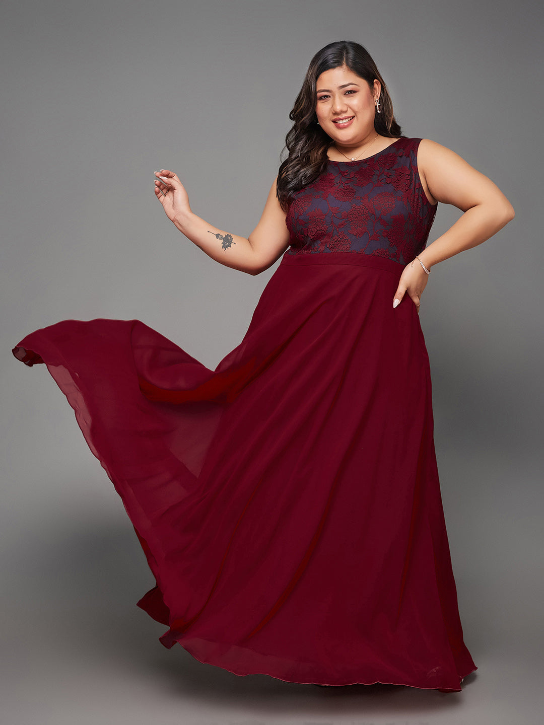 Maroon & Teal Boat Neck Sleeveless Self Design Lace Overlaid Maxi Dress for Women
