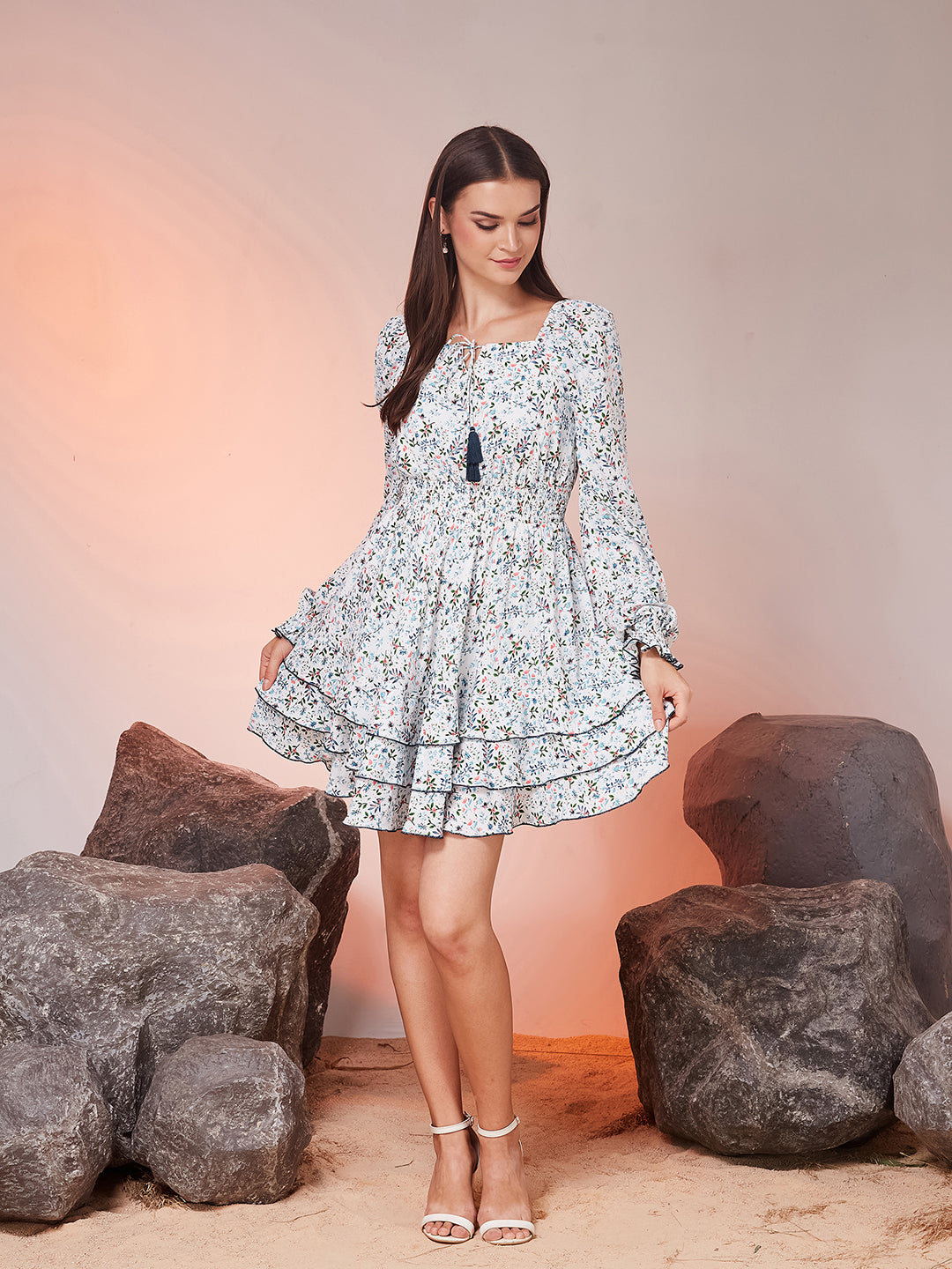 Off White Tie-Up Bishop Floral Layered Knee-Long Crepe Dress for Women