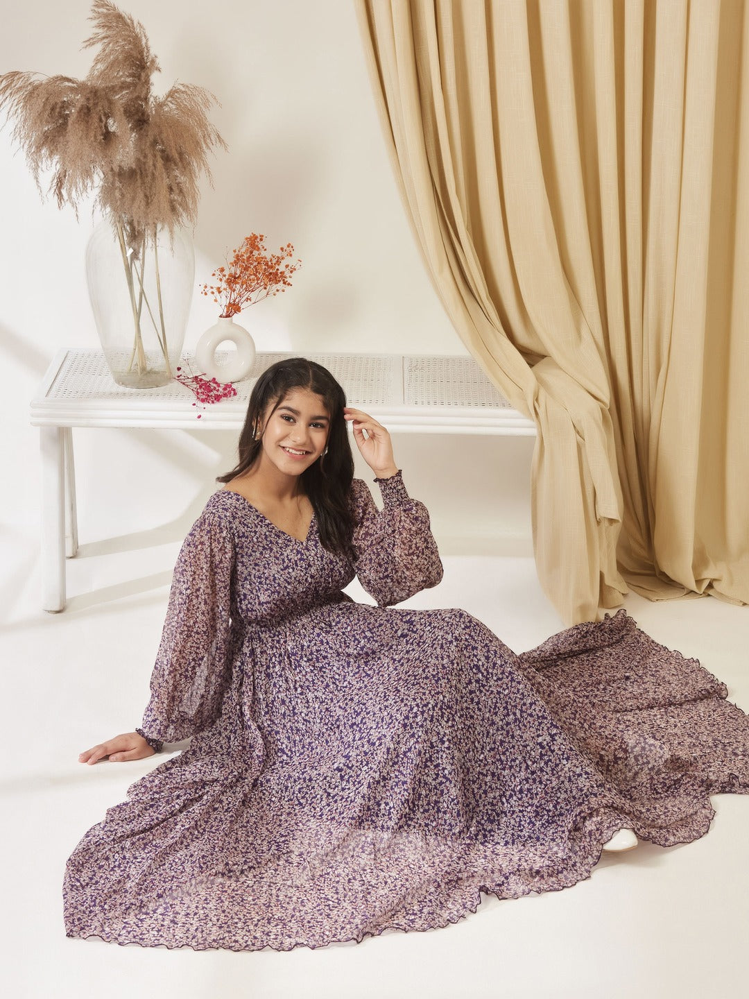 Purple V-Neck Bishop Sleeve Floral Gathered Chiffon Maxi Dress for Girls/Teenagers
