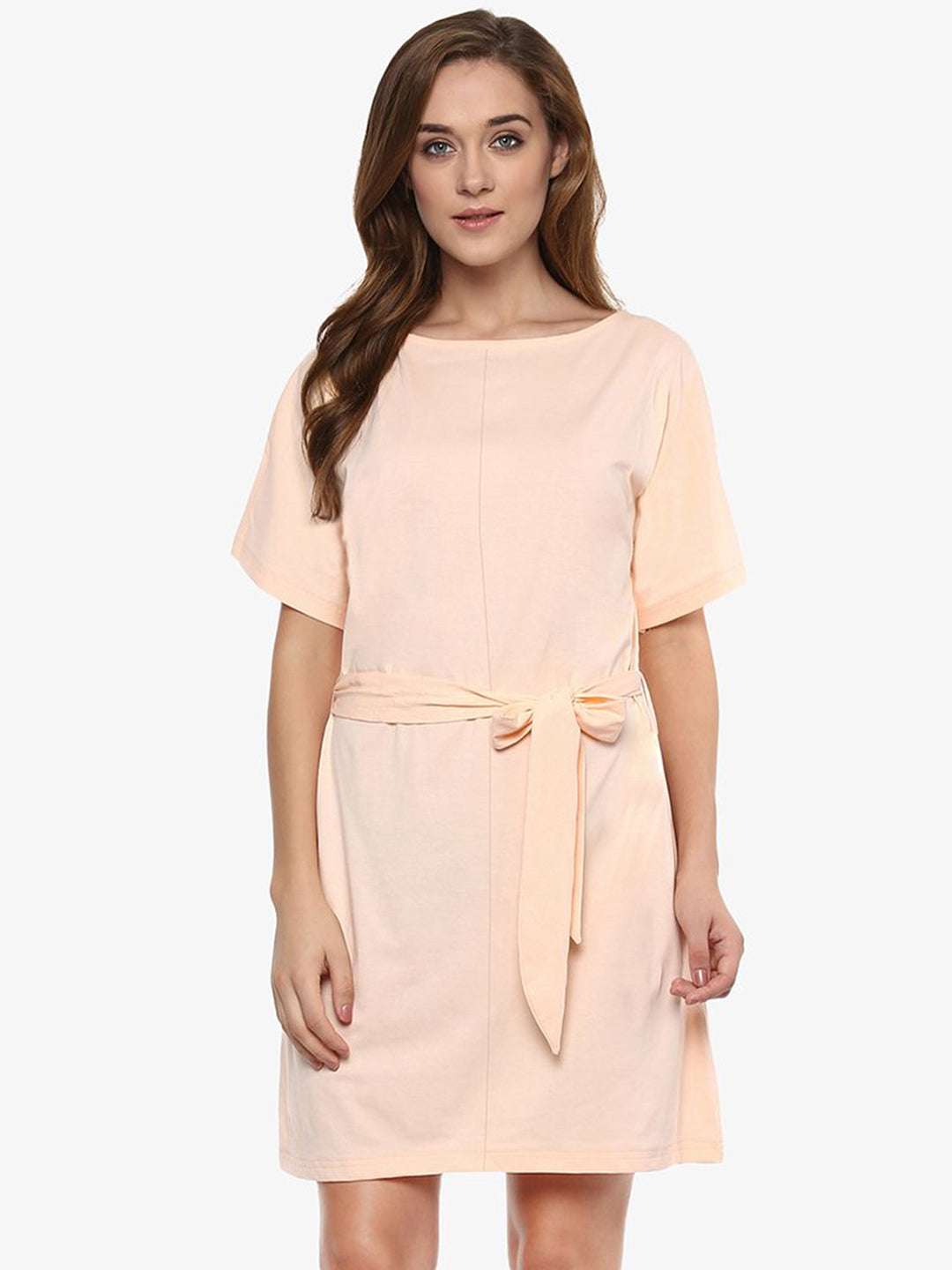 Women's Peach Solid Half-Sleeve Round Neck Mini Shift Dresses